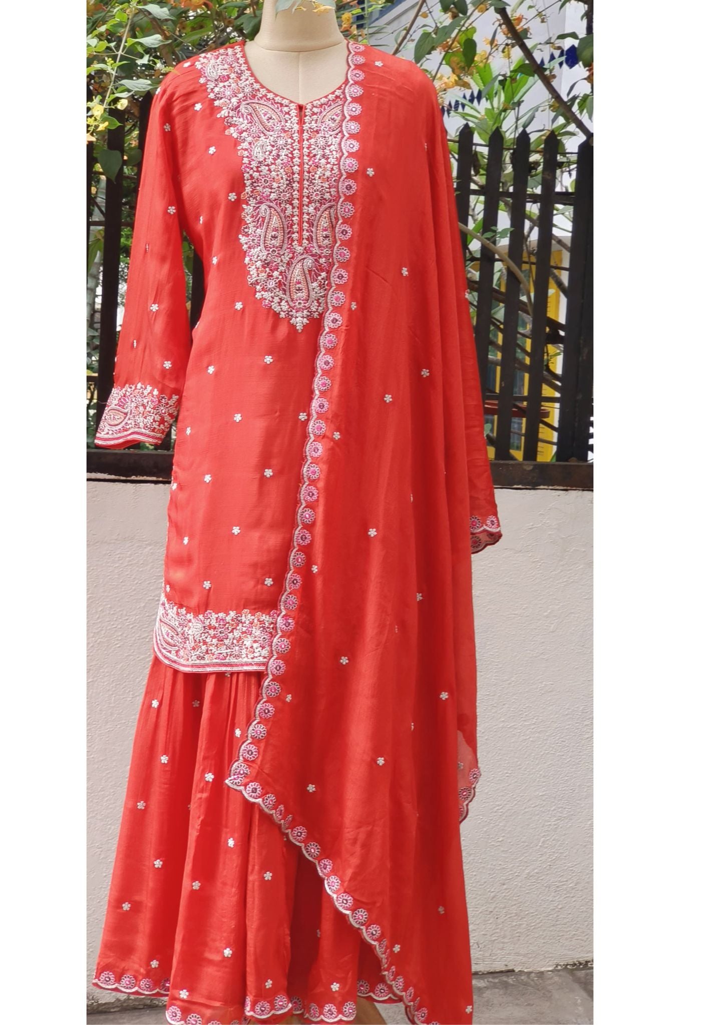 Party wear Zari Embroidered Rust shade Kurta with embroidered Sharara Sets-