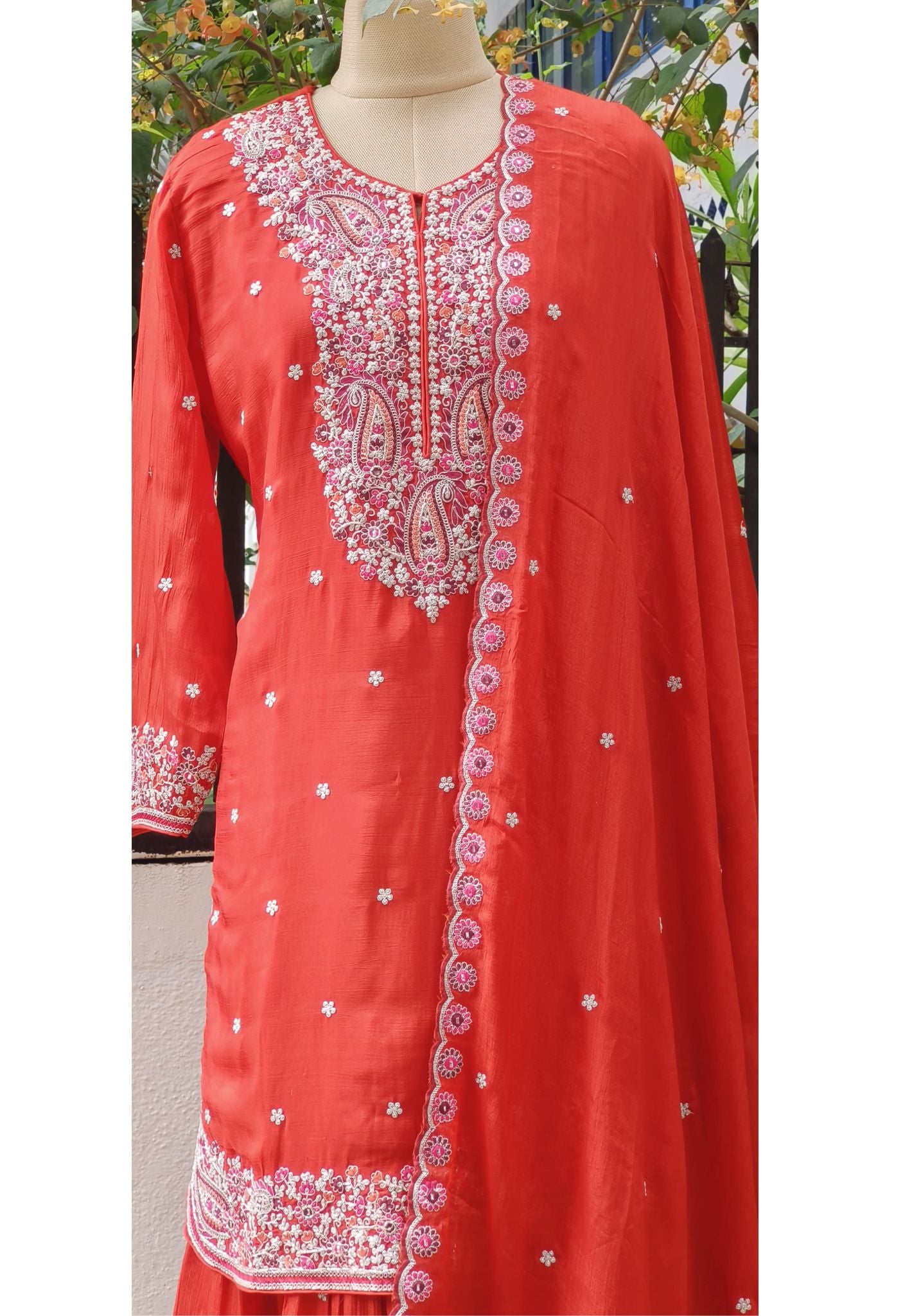 Party wear Zari Embroidered Rust shade Kurta with embroidered Sharara Sets-