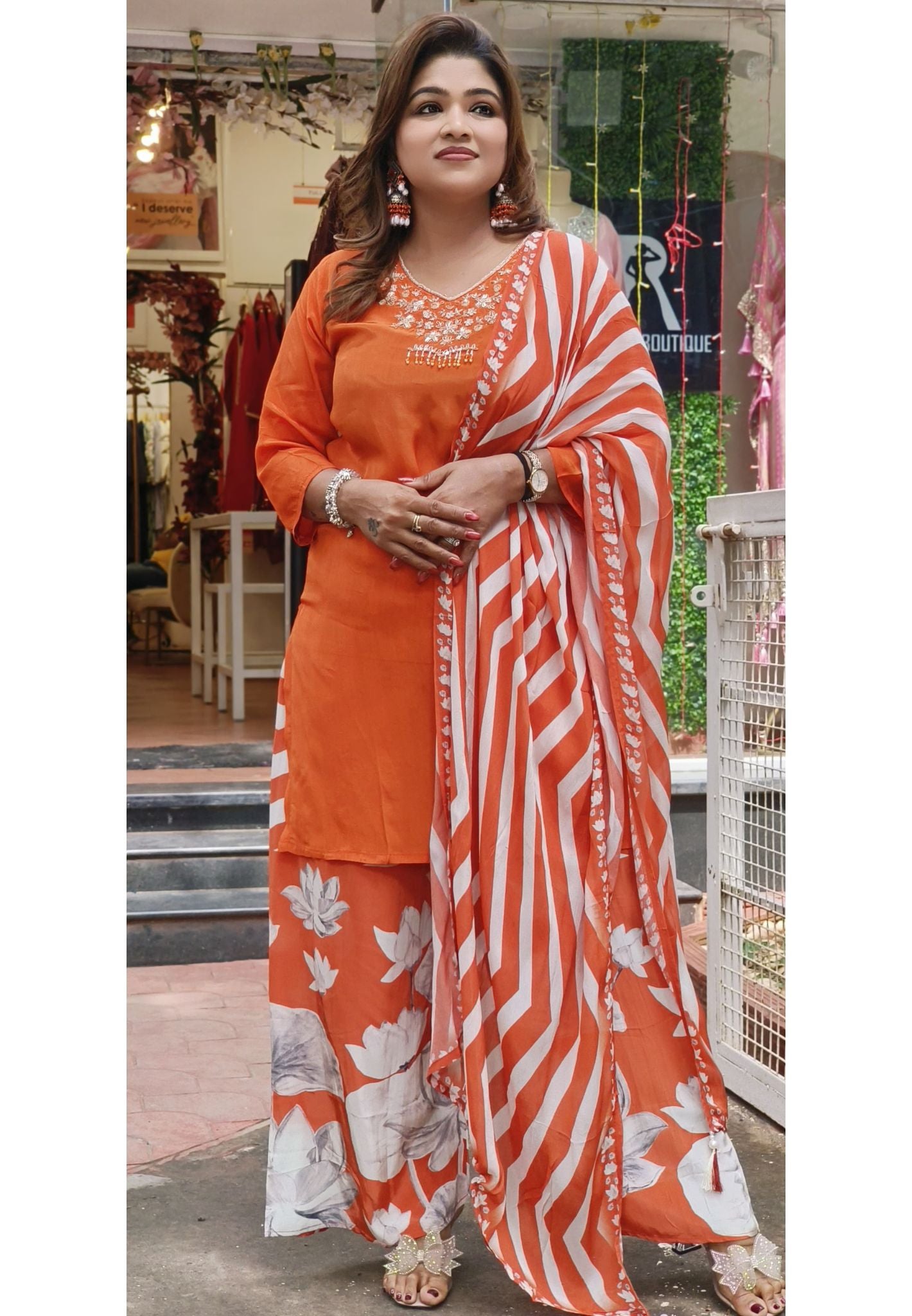 Zardosi embroidered v Neck Kurta with Floral Bottom Lehriya chinon Dupatta-07772