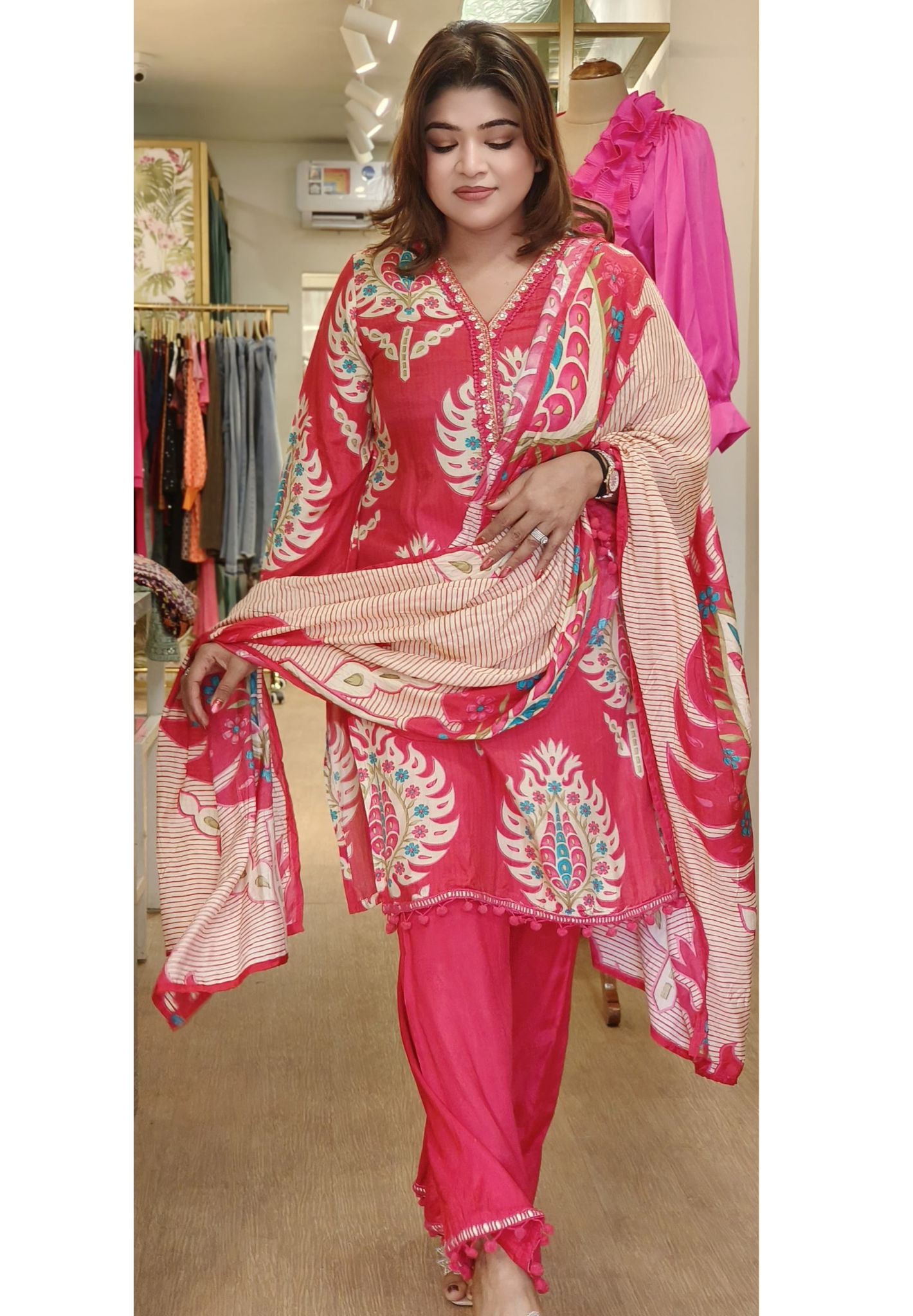 Beautiful Muslin Floral Print with pompom lace Full Set-07703
