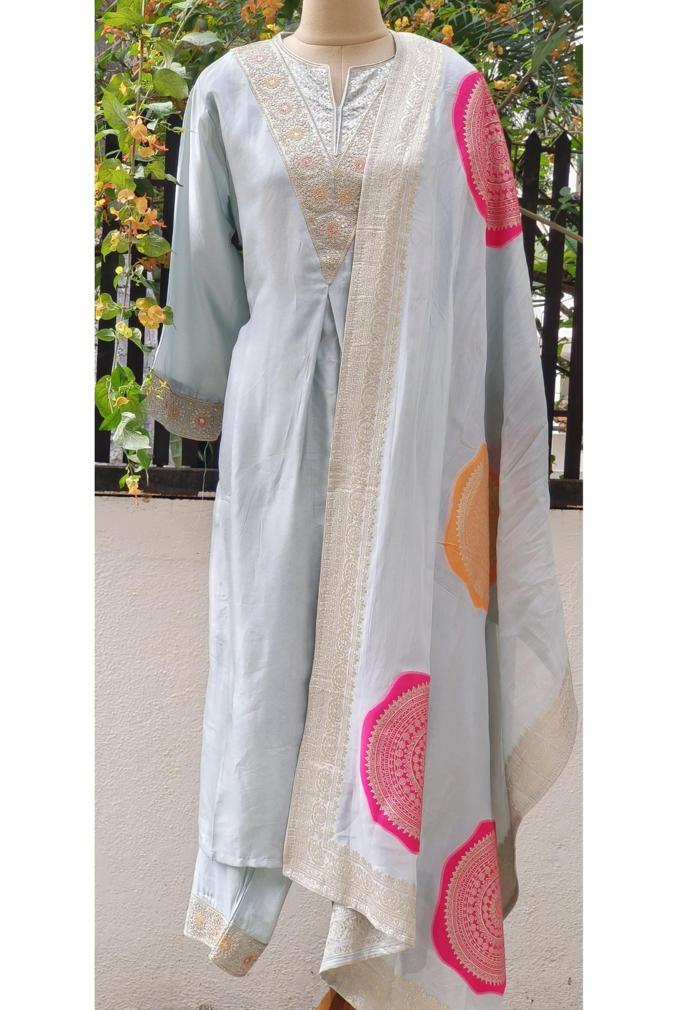 Embroidered V- Neck Pastel Silk Embroidered Kurta Pant Set with Mandala Motif Dupatta-07806-807