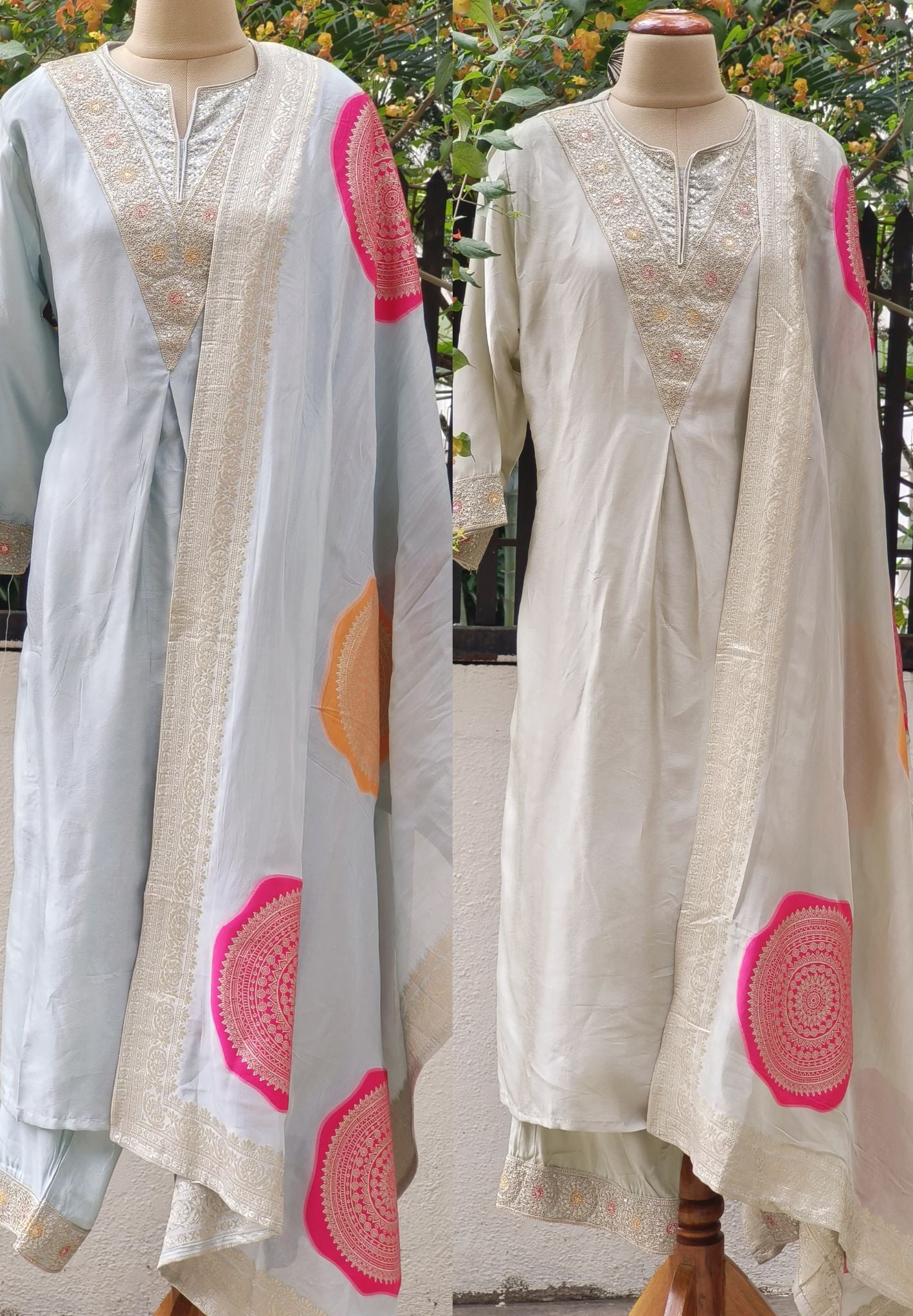 Embroidered V- Neck Pastel Silk Embroidered Kurta Pant Set with Mandala Motif Dupatta-07806-807