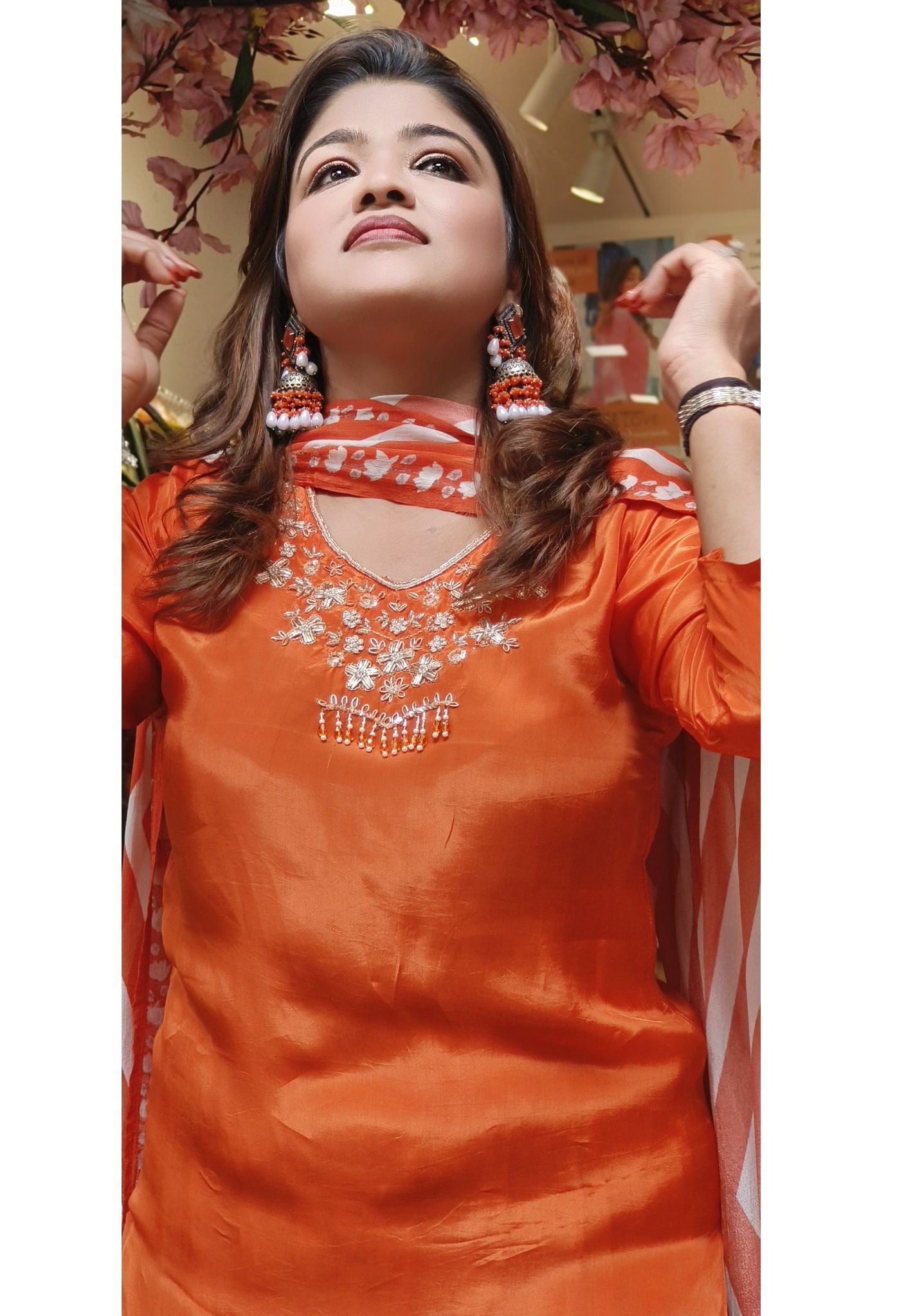 Zardosi embroidered v Neck Kurta with Floral Bottom Lehriya chinon Dupatta-07772