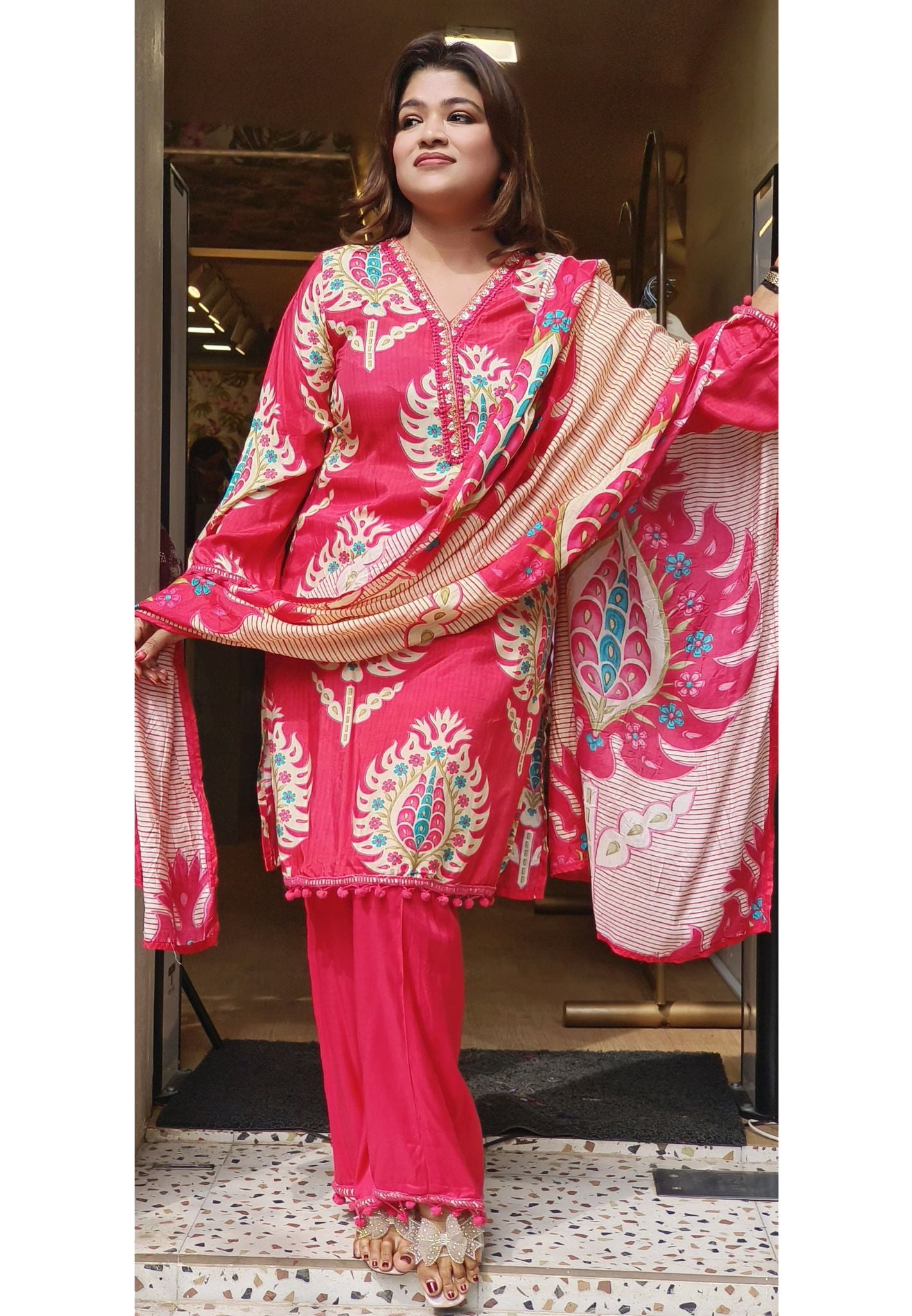 Beautiful Muslin Floral Print with pompom lace Full Set-07703