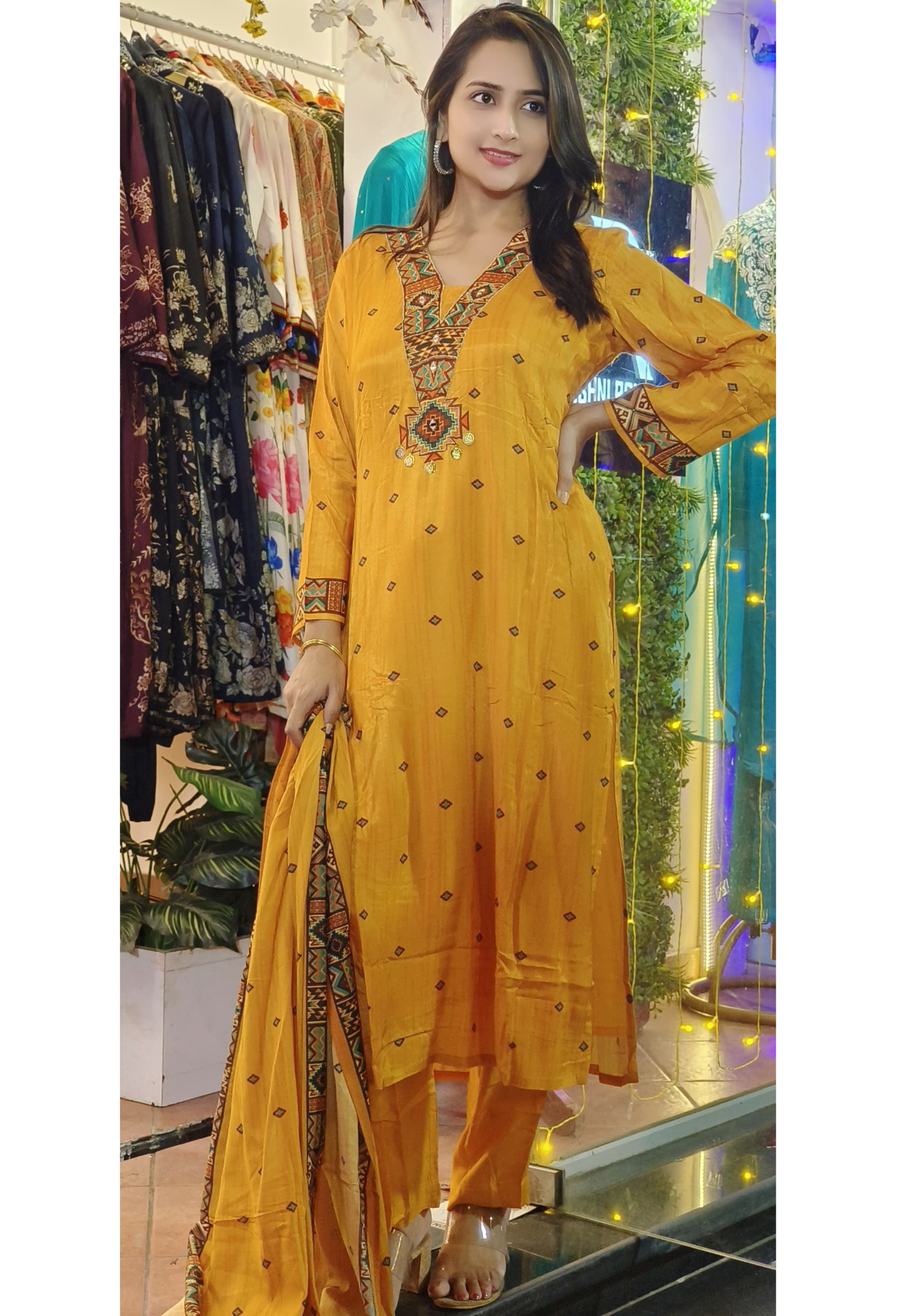 V neck Embroidery Full Suit With printed Dupatta-03578