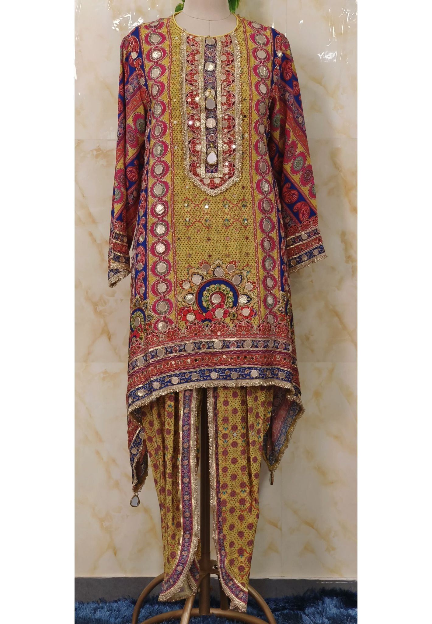 Printed Crape Hi-Low Kurta with Gota Patti Embroidery, Tulip Pants, and Potli Bag – A Chic and Stylish Party Wear Set