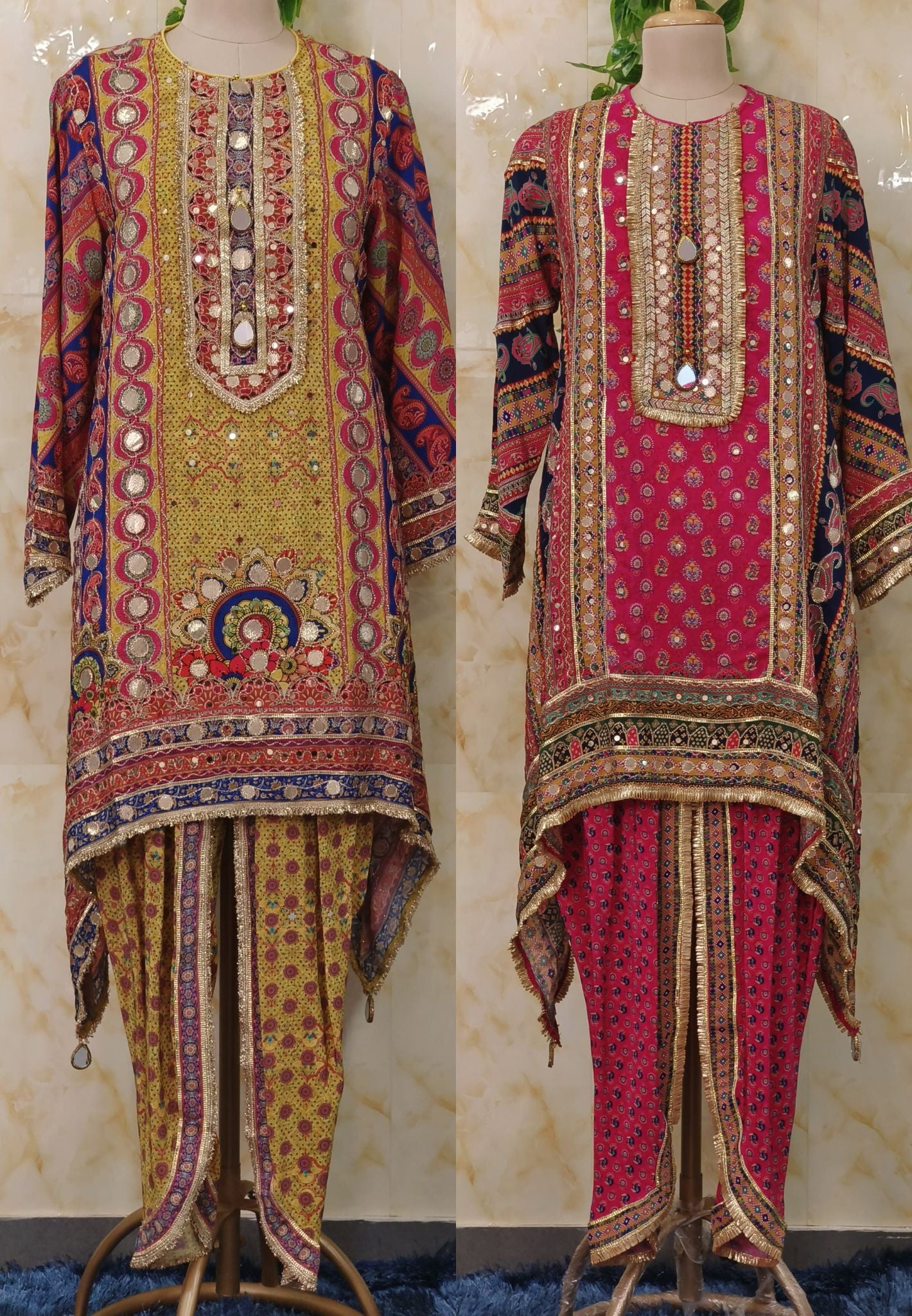 Printed Crape Hi-Low Kurta with Gota Patti Embroidery, Tulip Pants, and Potli Bag – A Chic and Stylish Party Wear Set