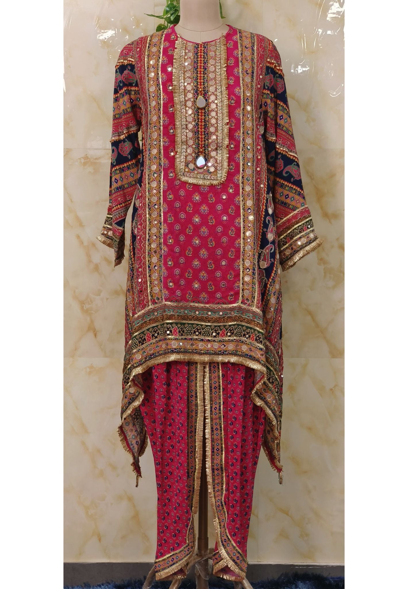 Printed Crape Hi-Low Kurta with Gota Patti Embroidery, Tulip Pants, and Potli Bag Party Wear Set-7362