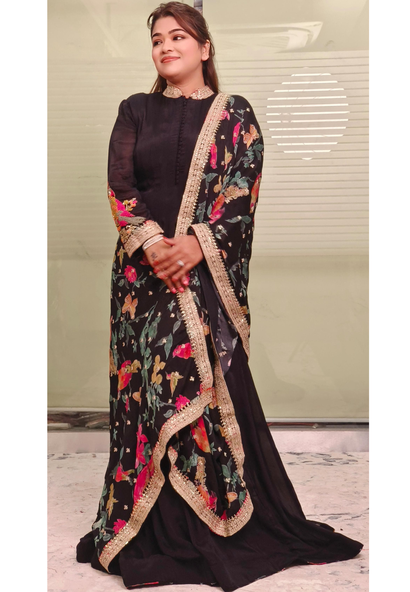 Elegant Chinon Floor-Length Gown with Parrot Embroidery on Sleeves and Matching Floral Dupatta – A Perfect Blend of Intricate Craftsmanship and Graceful Design for Festive and Wedding Occasions DRY WASH-