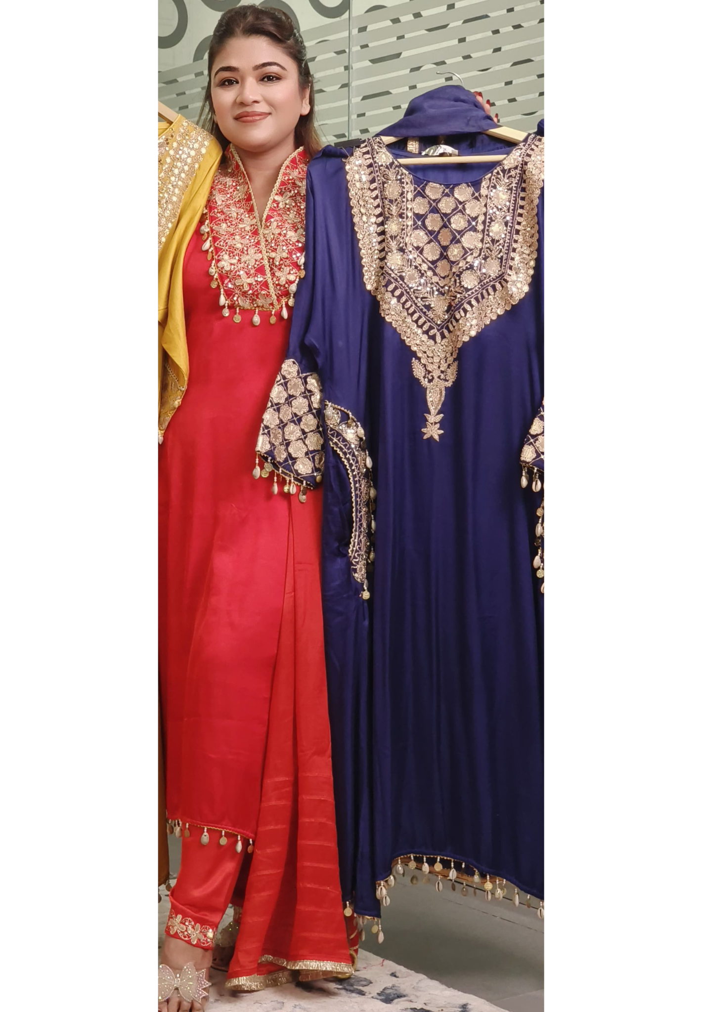Heavy Pure Satin Silk Kurta with Gota Patti Embroidery and Unique Neck Design With Potli Bag– Complete Party Wear Set with Pants and Dupatta DRY WASH-