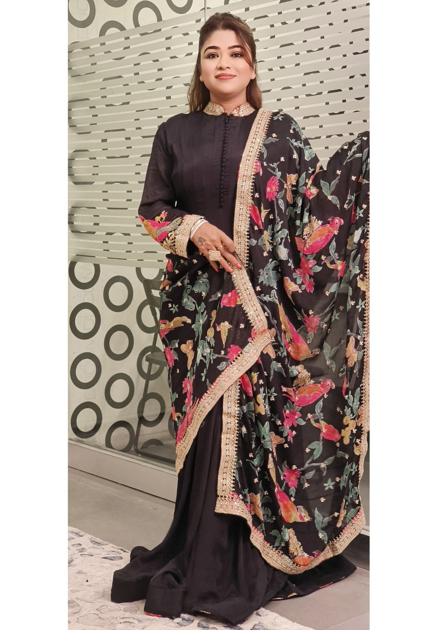 Elegant Chinon Floor-Length Gown with Parrot Embroidery on Sleeves and Matching Floral Dupatta – A Perfect Blend of Intricate Craftsmanship and Graceful Design for Festive and Wedding Occasions DRY WASH-