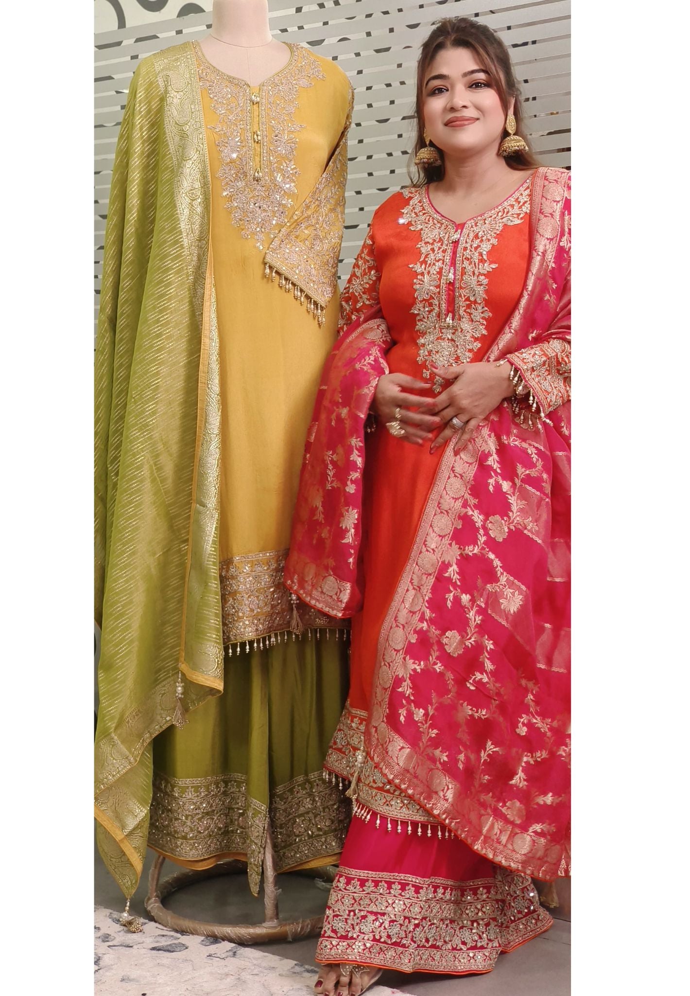 Bright Anarkali Chinon Suit with Golden Thread Embroidery Top with loose Palazzo and a Matching Pink Banarasi-Style Dupatta Featuring Intricate Floral Weaves DRYWASH-