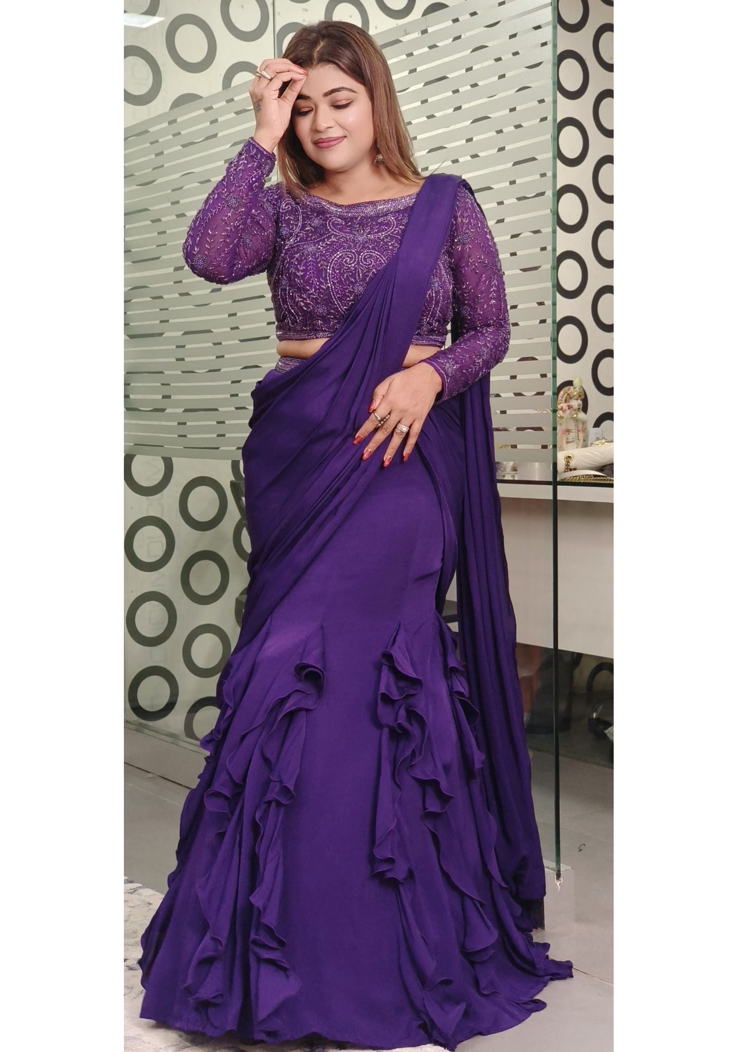 Elegant Indo-Western Fish-Cut Draped Skirt with Intricately Embroidered Top – Perfect for Festive and Party Wear DRYWASH