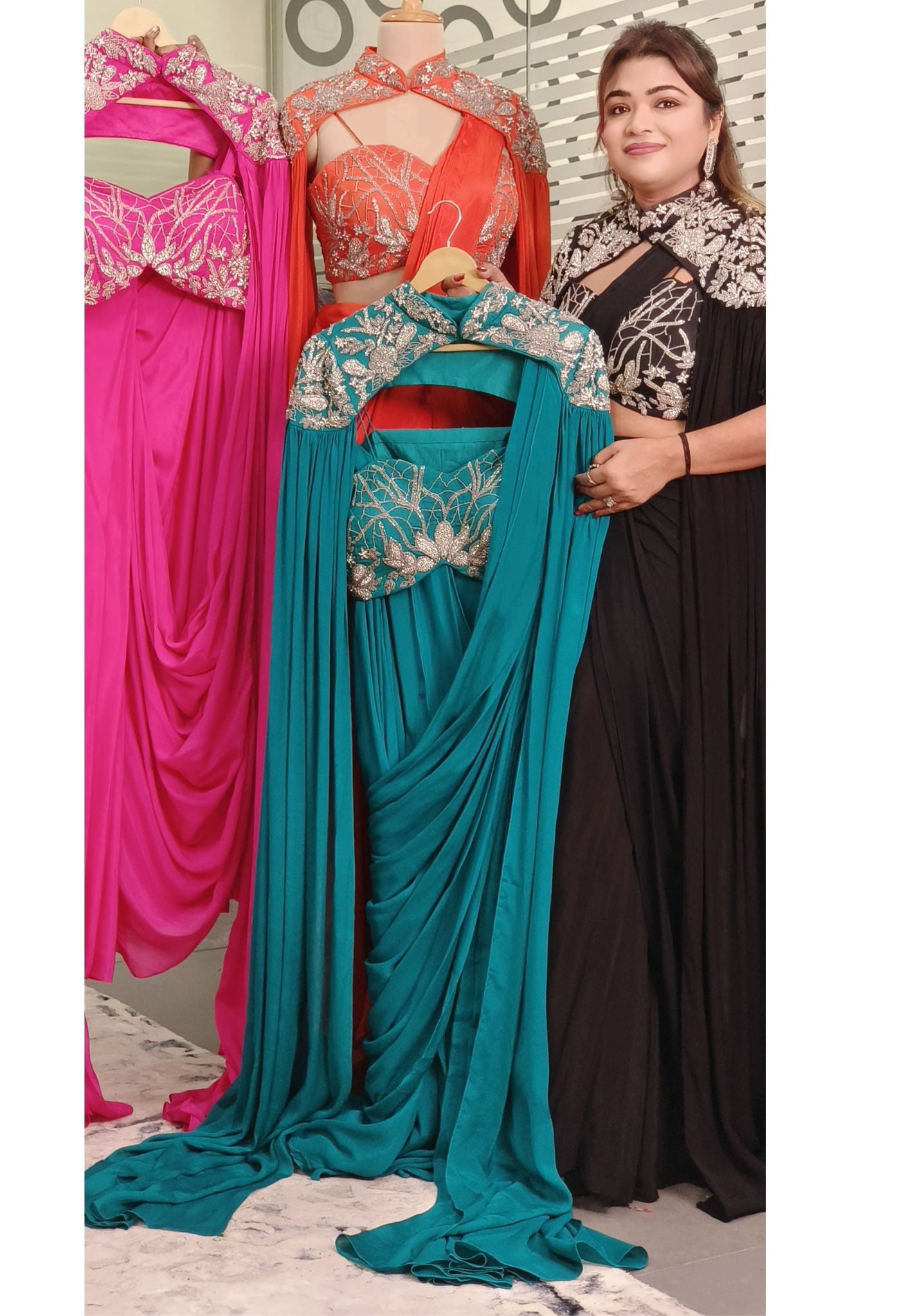 A stylish and sophisticated ensemble featuring a beautifully embroidered cape paired with tailored Palazzo, Perfect for any event. DRY WASH-ONLY ON ORDERS DISPATCHING AFTER 30 DAYS