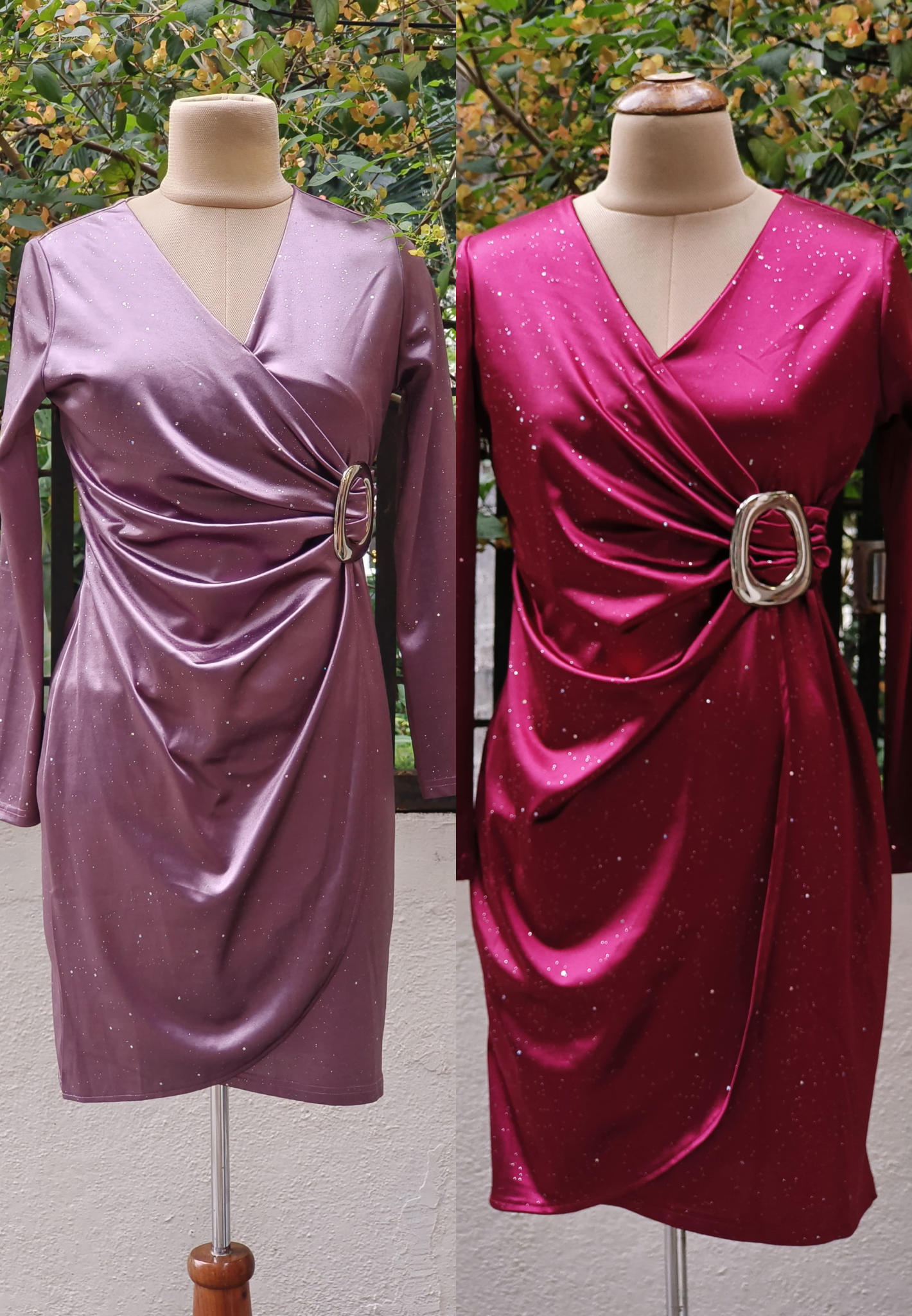 Satin Glitter Solid Color Waist Tie Long Sleeve Western Wear Dress
