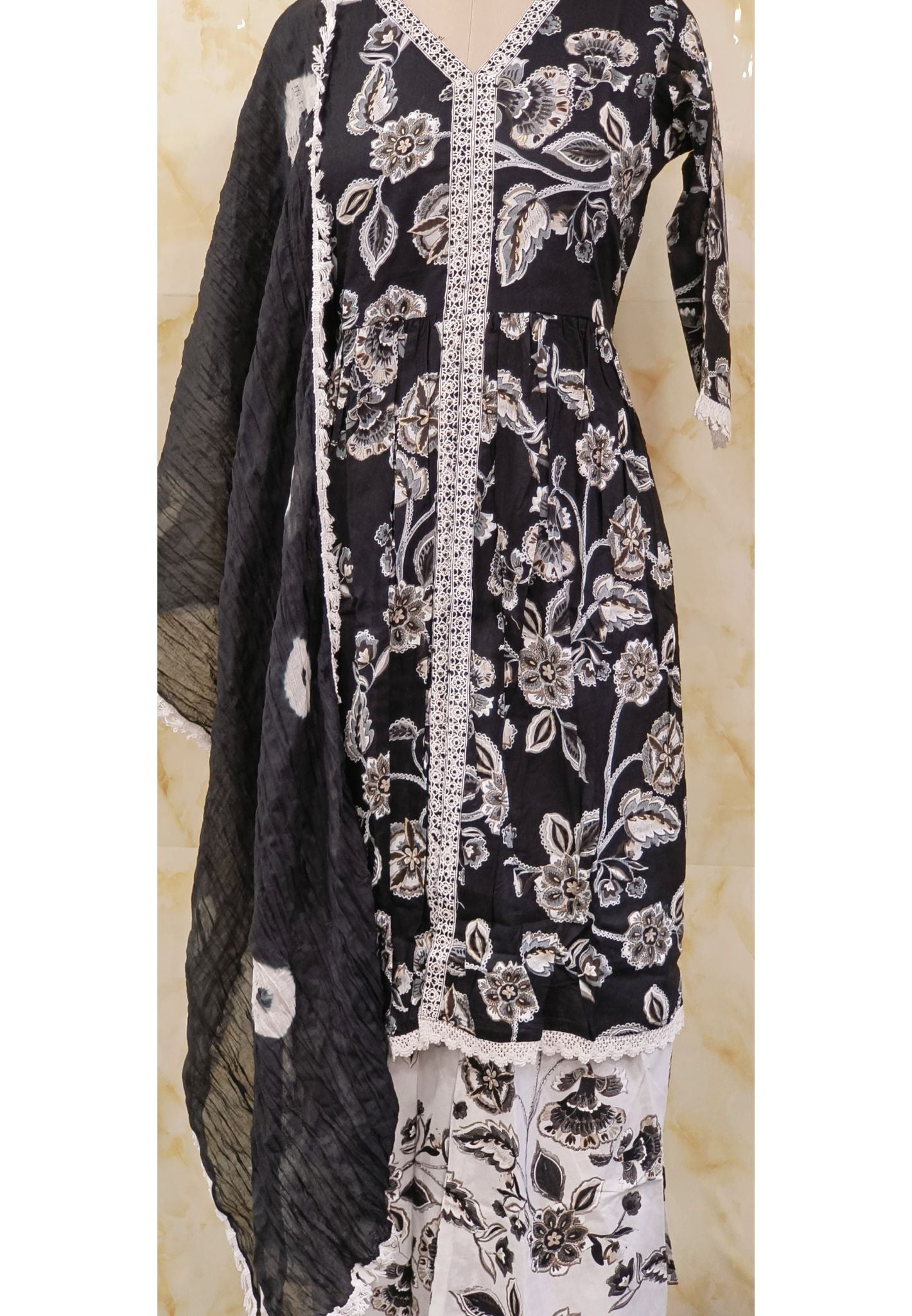 Printed Flora Cotton Kurta with pant and Batik Print Dupatta