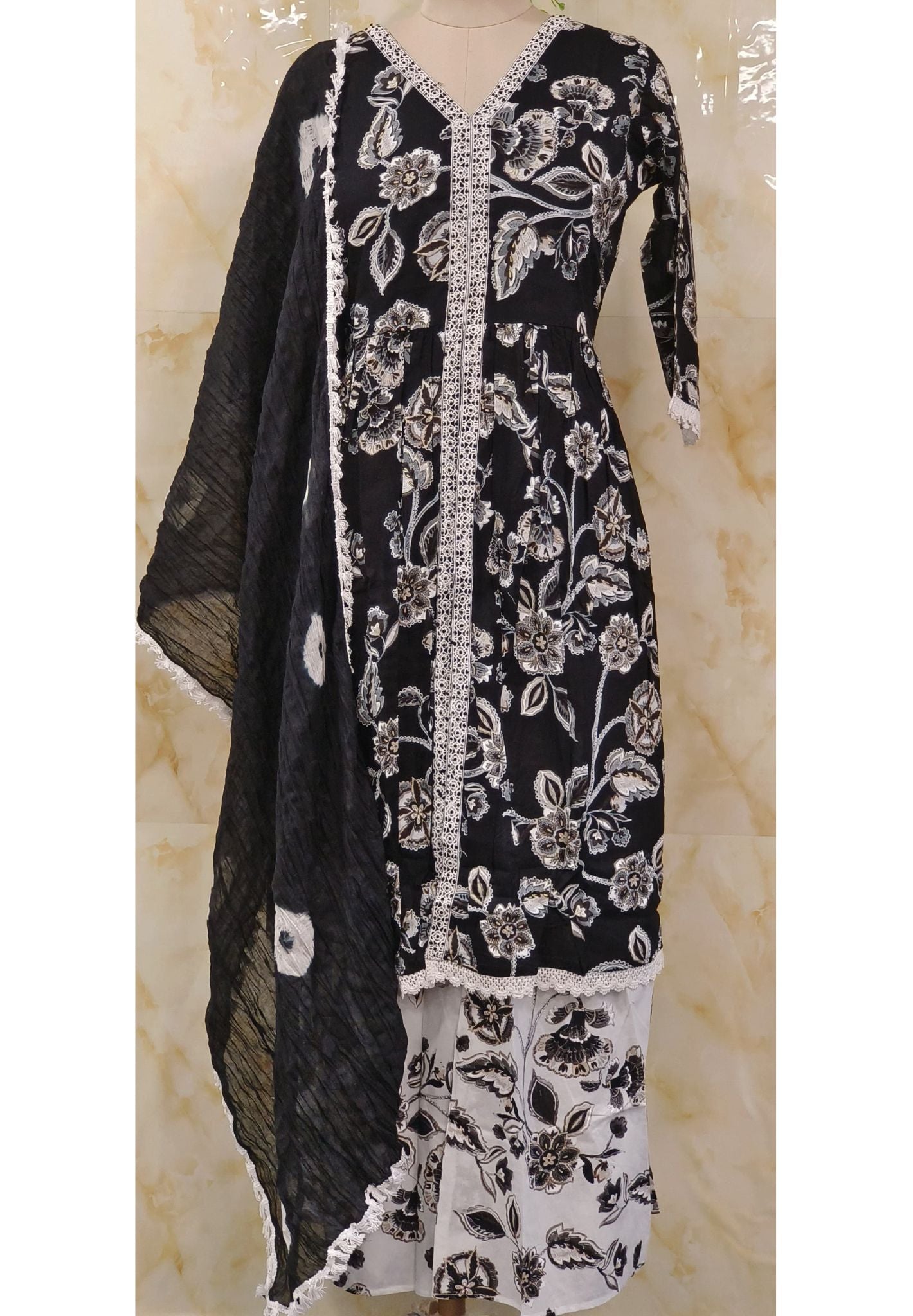Printed Flora Cotton Kurta with pant and Batik Print Dupatta