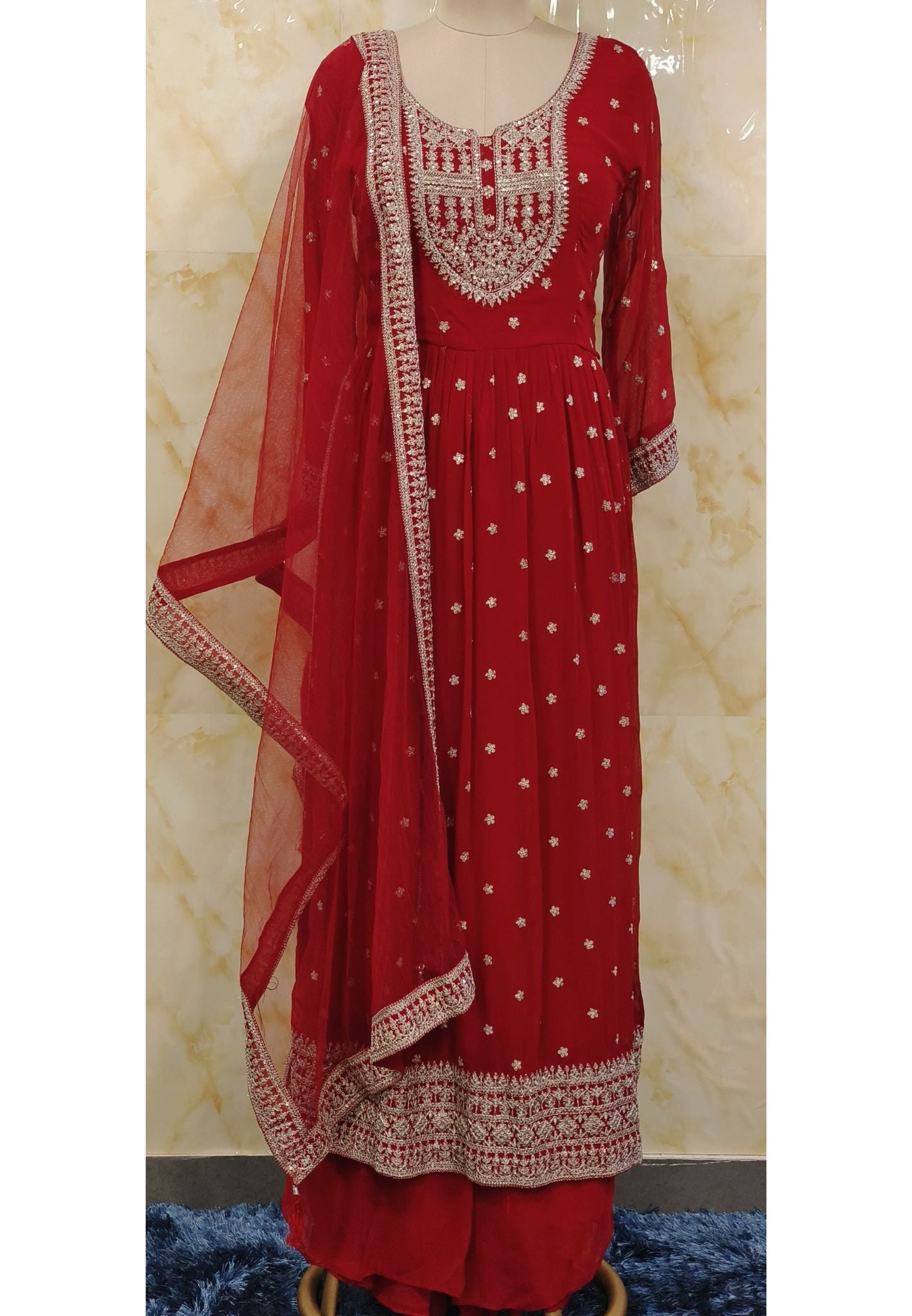 Soft georgette Tara Embroidered Nyra Cut Kurta with loose palazzo pants and Soft netted Dupatta