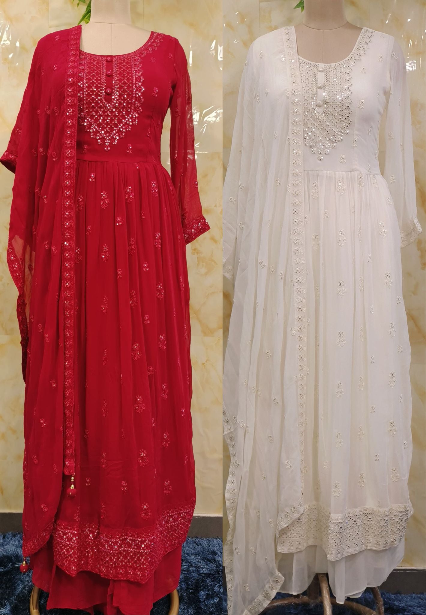 Foil Mirror Embroidered Georgette Kurta with Looose palazo And Dupatta