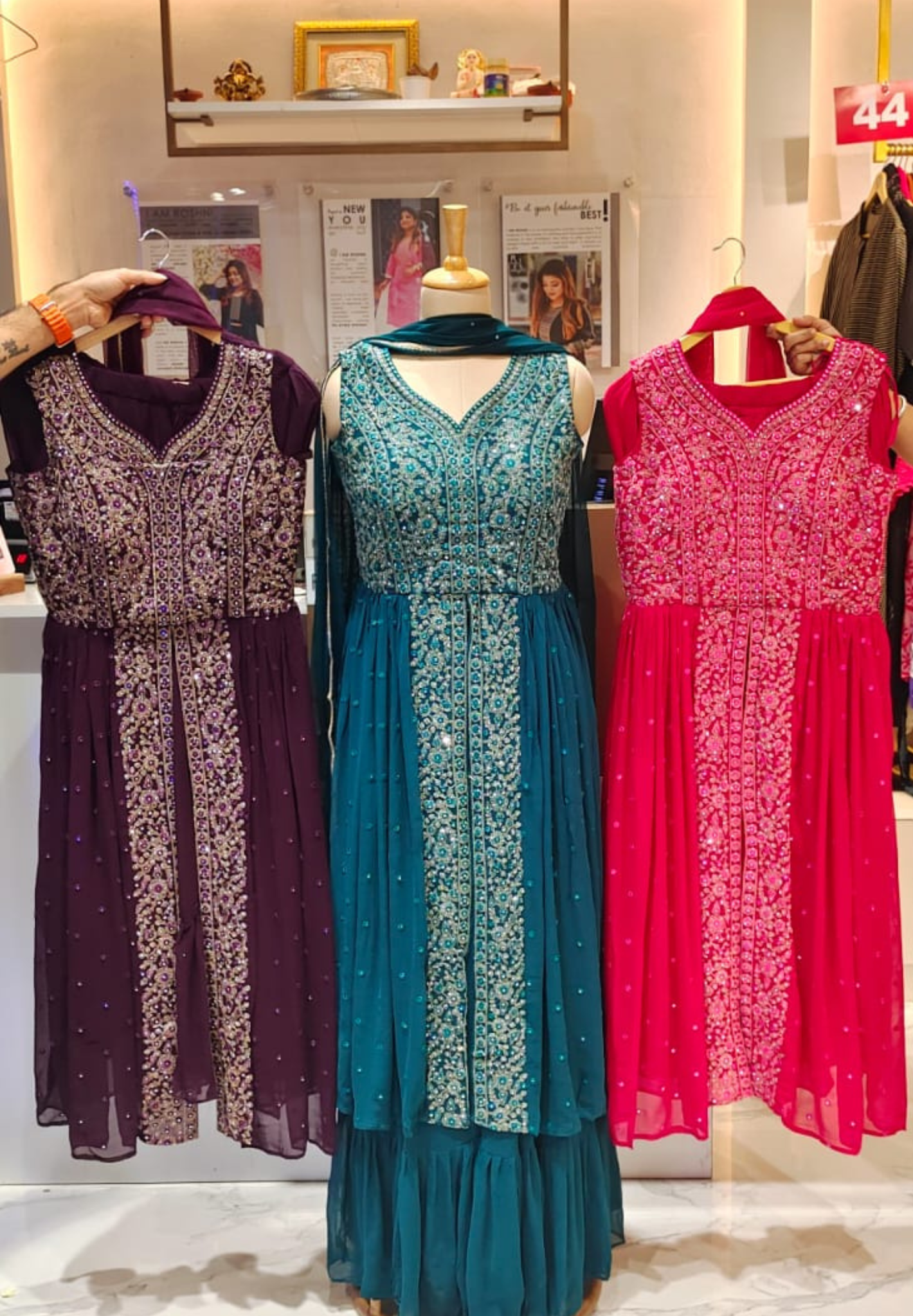 Sleeveless Partywear Georgette Embroidered Kurta Loose Pant with Dupatta