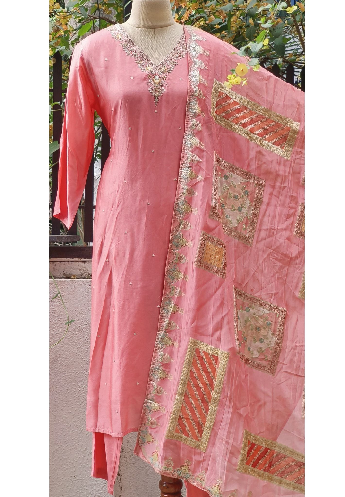 V-Neck Zardosi Embroidery Kurta And Pant With Dupatta-07978