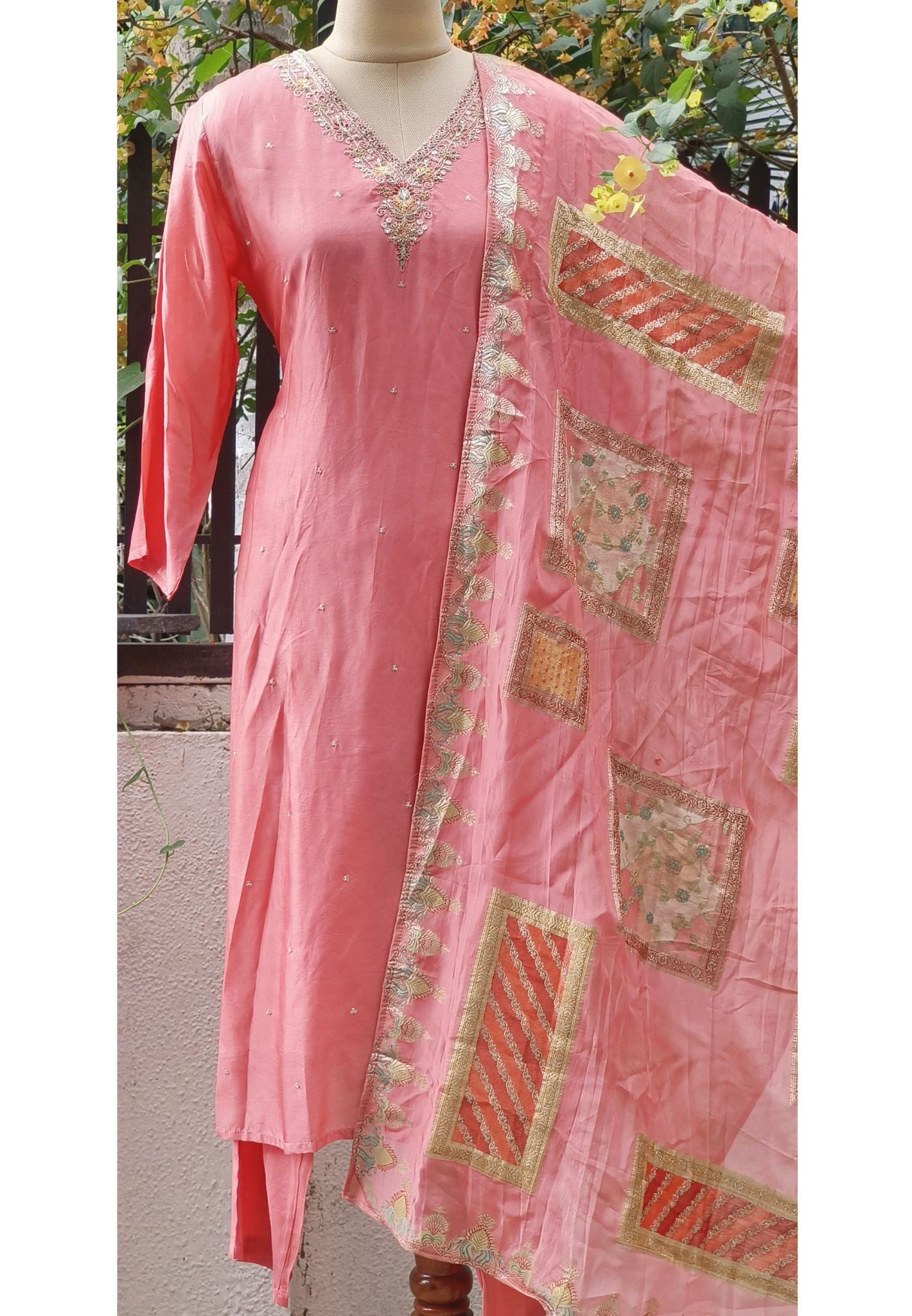V-Neck Zardosi Embroidery Kurta And Pant With Dupatta-07978