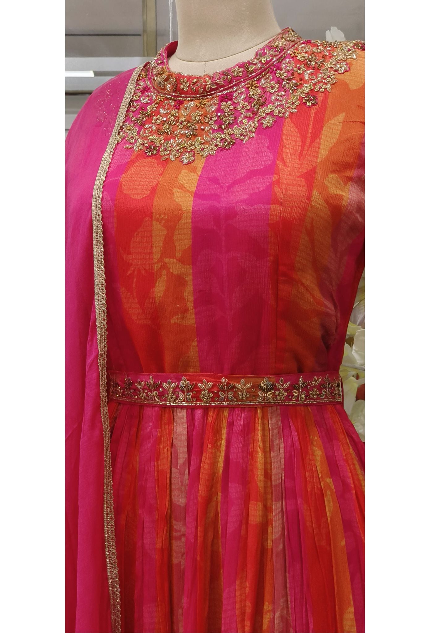 Beautiful Chinon Gown with Embroidery at the Neck and on the Belt with dupatta. Drywash-07987