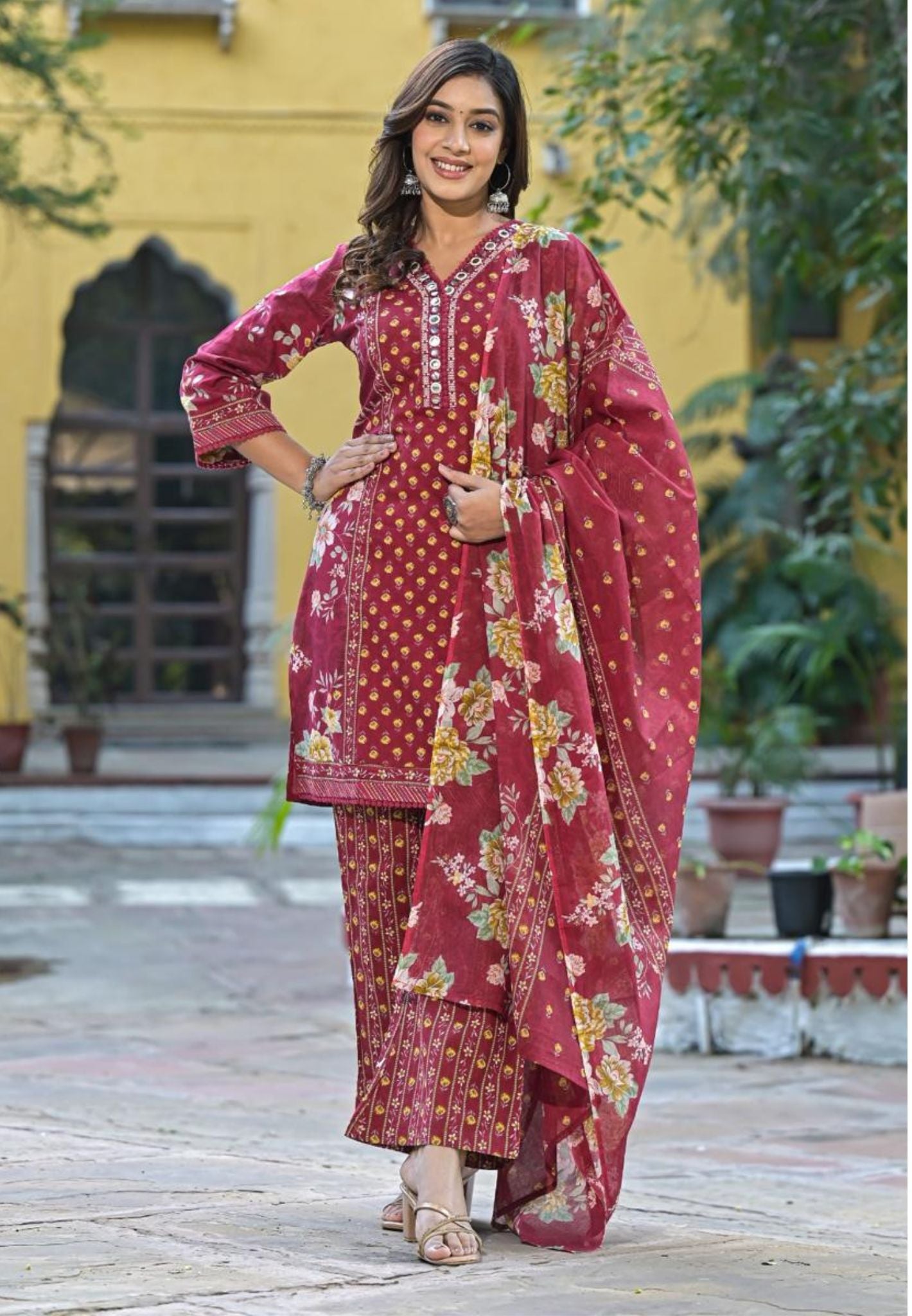 Cotton V-neck Flower Printed Kurta Pant And Dupatta-07929-30