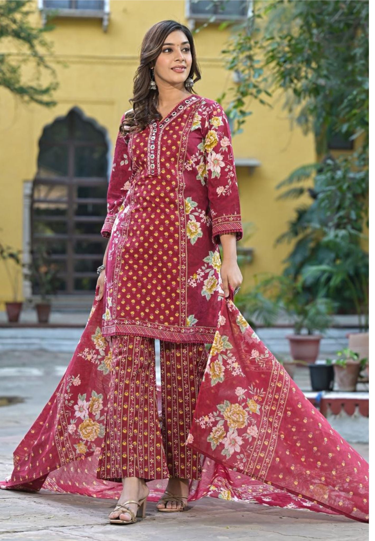 Cotton V-neck Flower Printed Kurta Pant And Dupatta-07929-30