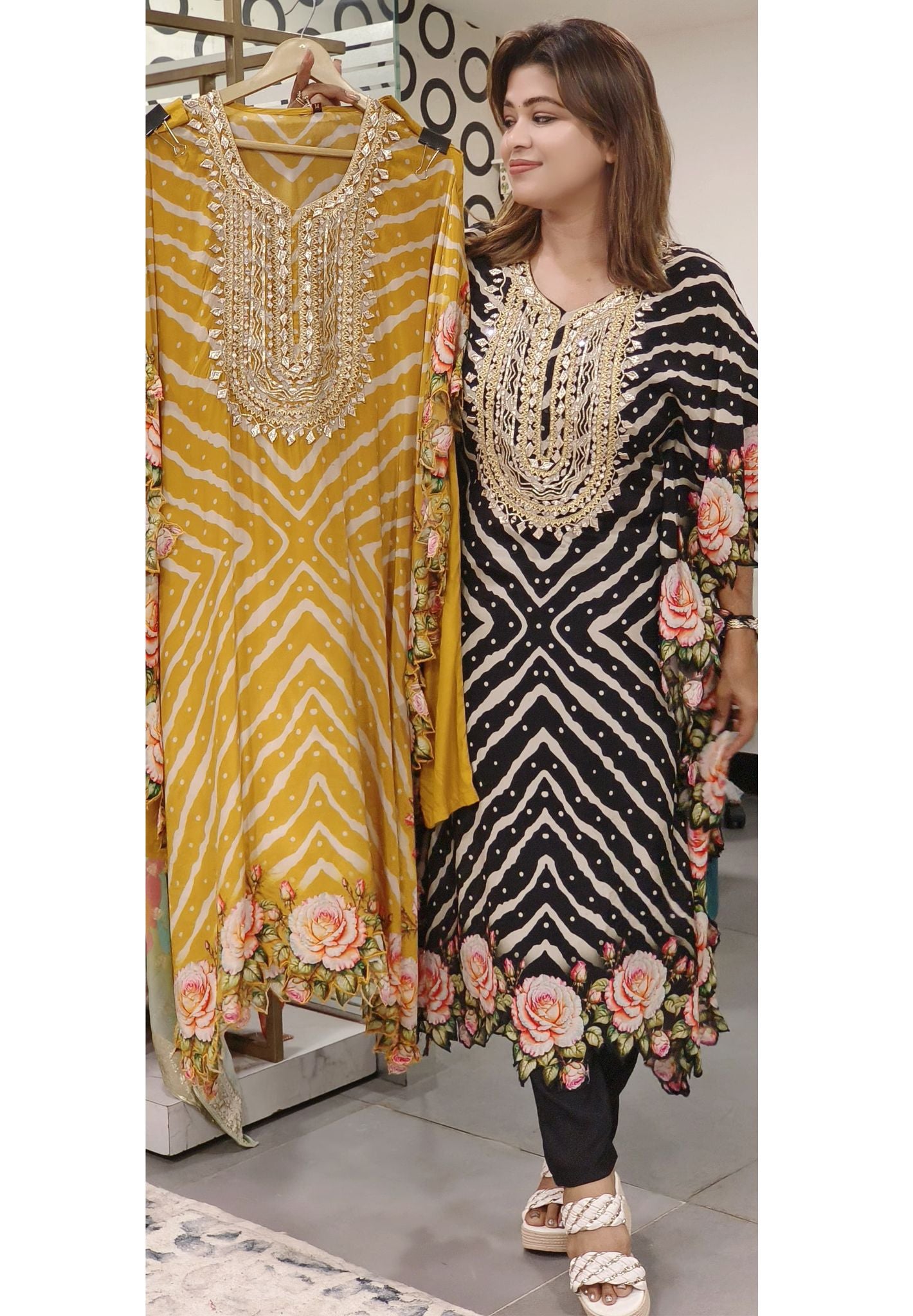 Neck Embroidered cut work Floral Printed Crepe Kaftan with Bottom-07992-93