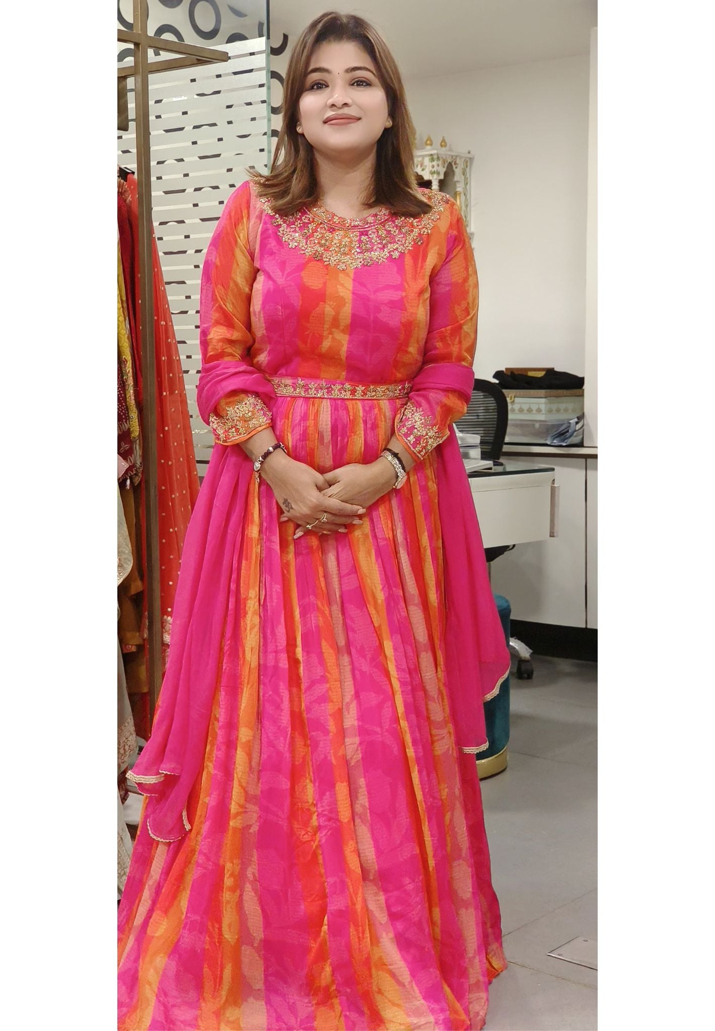 Beautiful Chinon Gown with Embroidery at the Neck and on the Belt with dupatta. Drywash-07987