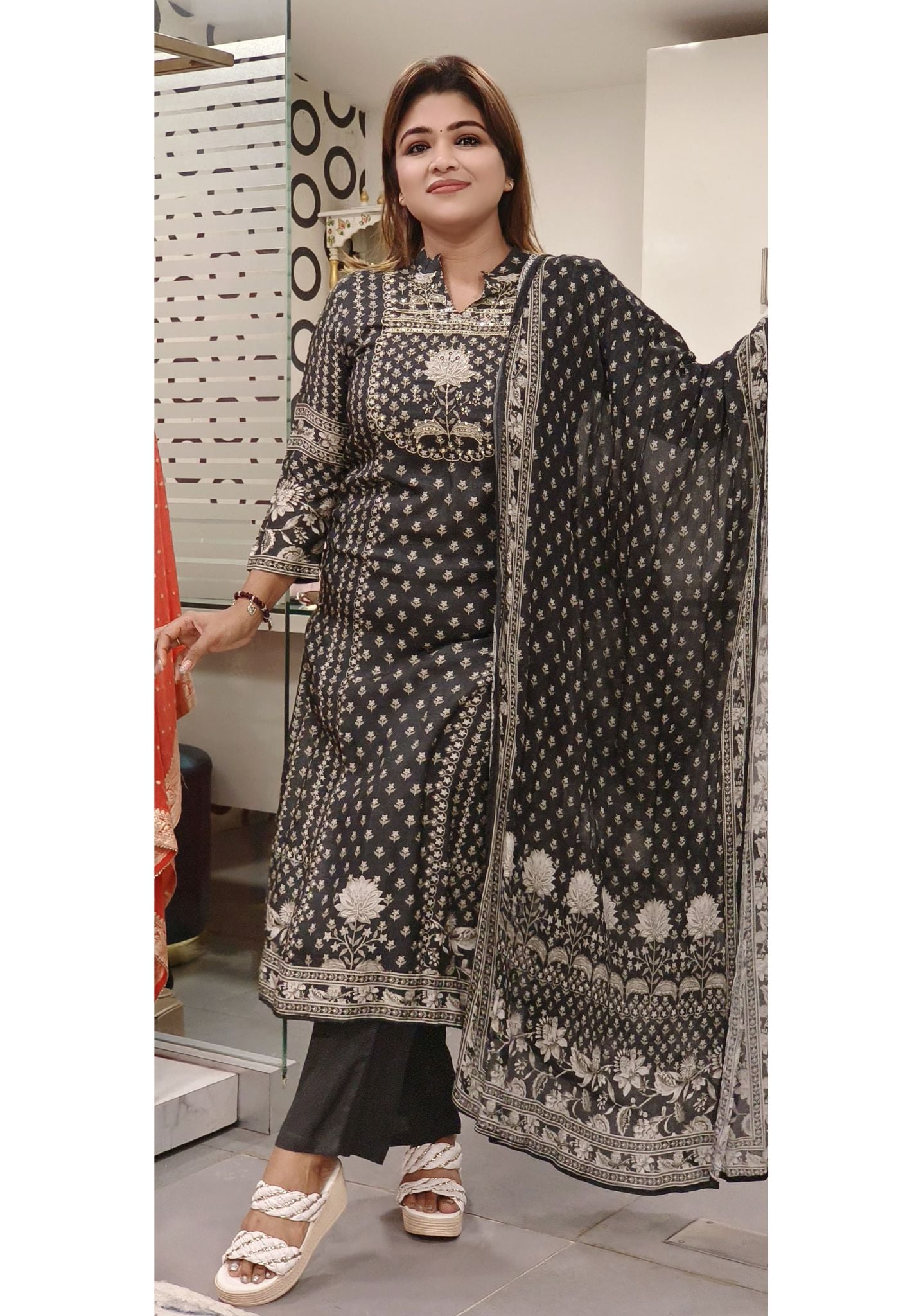 Tara embroidered Printed Silk kurta with pant and Dupatta-07798