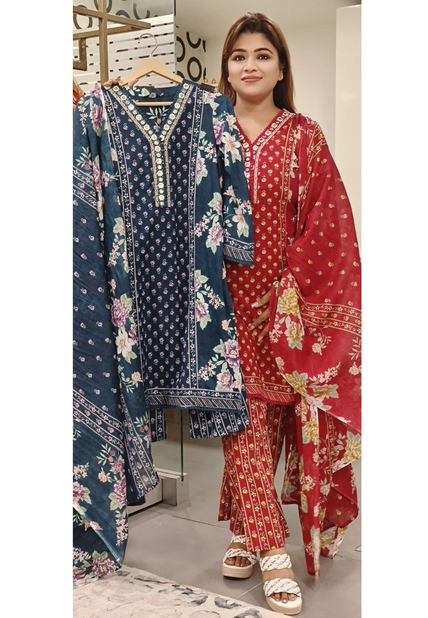 Cotton V-neck Flower Printed Kurta Pant And Dupatta-07929-30