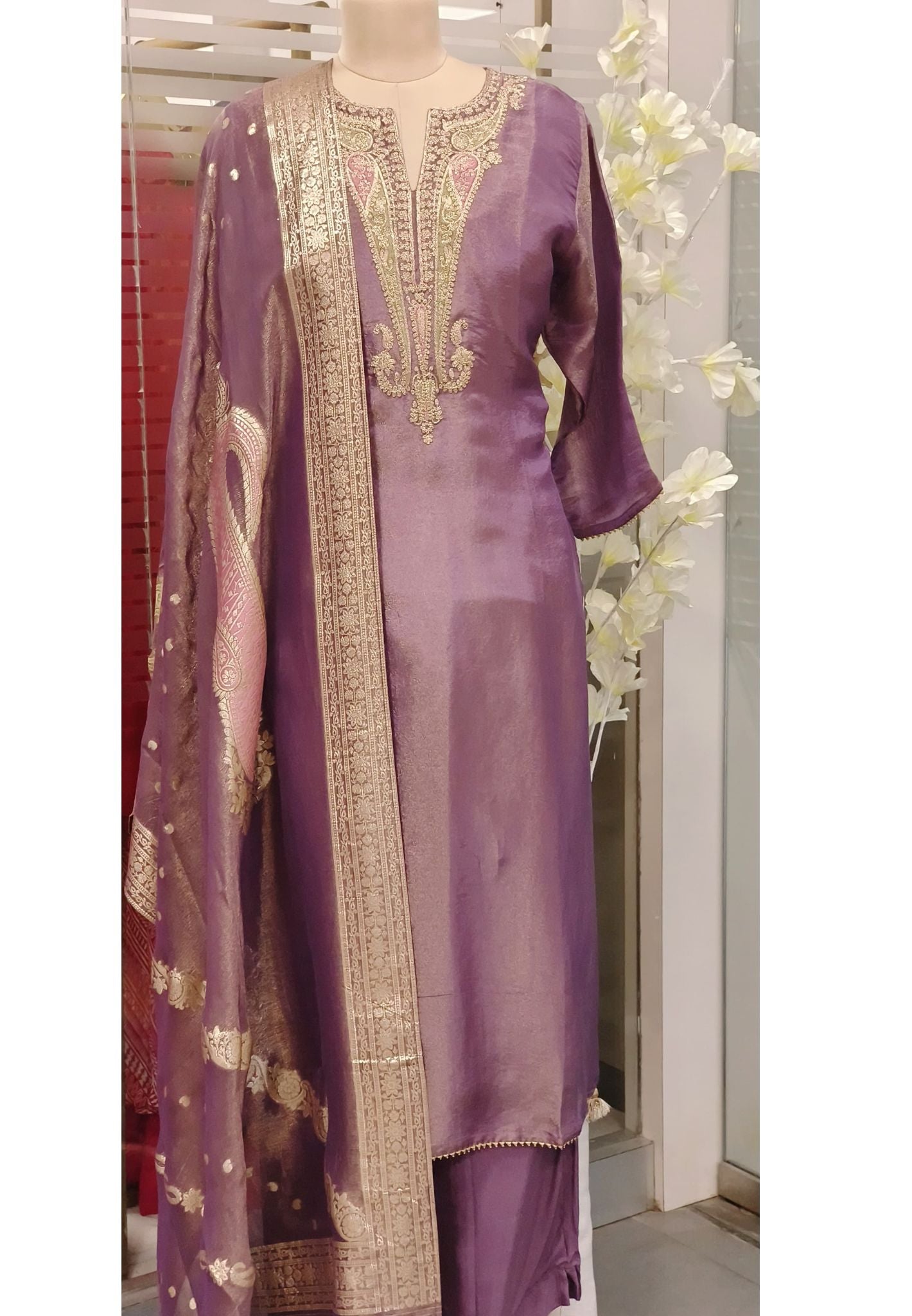 Tissue Silk Neck Zardosi Work Full Set DRYWASHONLY-06663