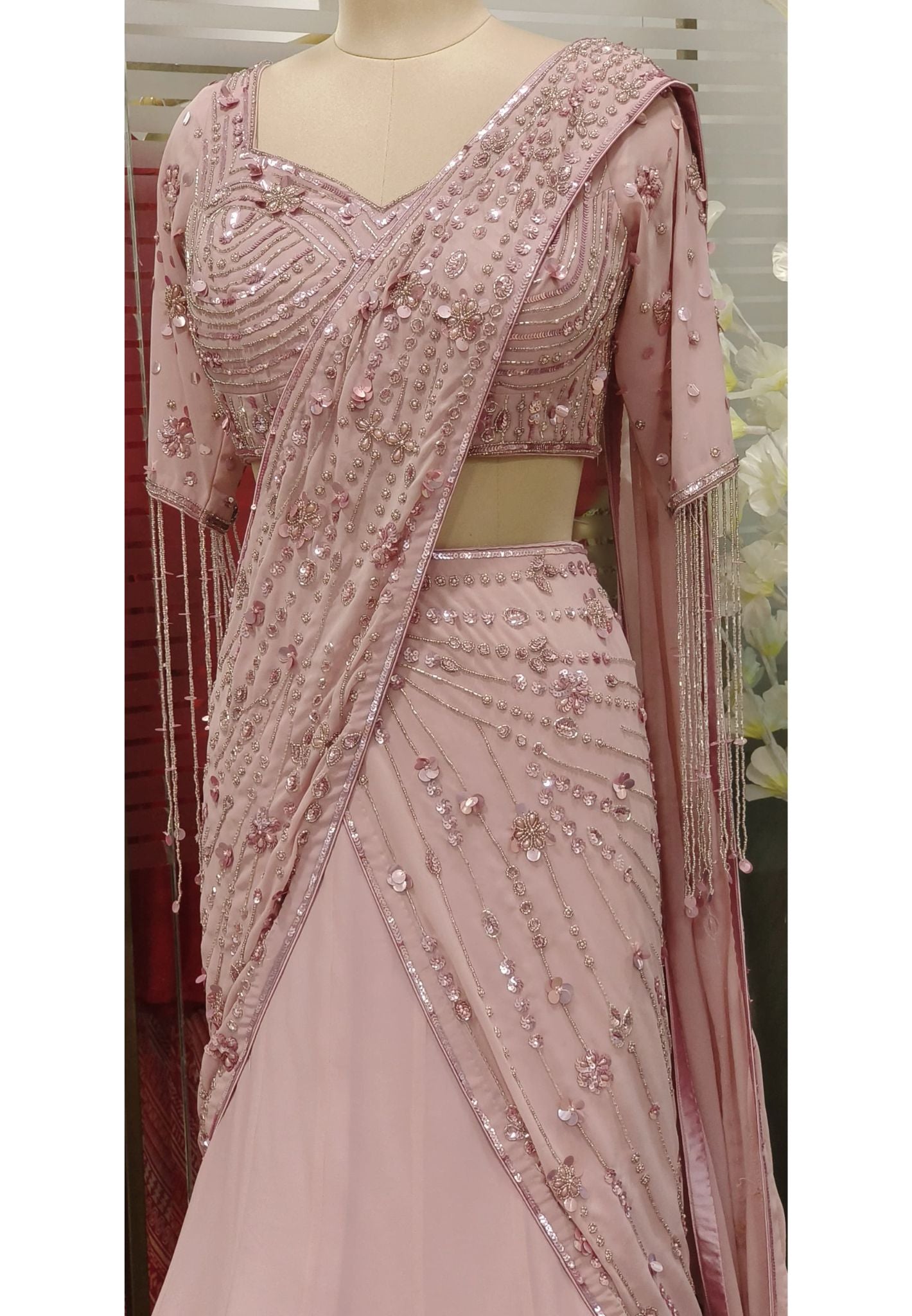 Stunning Georgette Embellished Lehenga Set with Stylish Sleeves DRY WASH-(Dispatching After 20 Days)