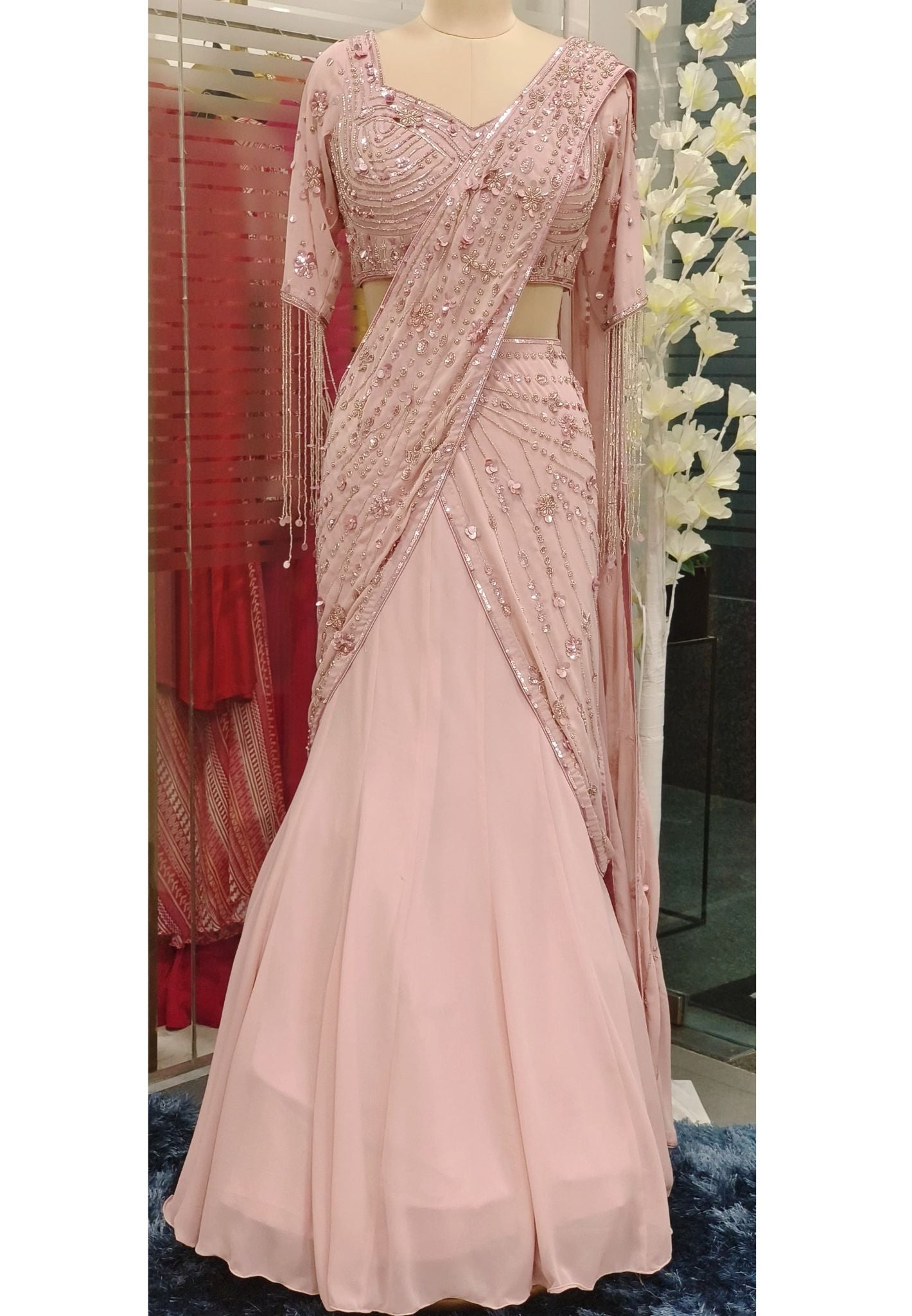 Stunning Georgette Embellished Lehenga Set with Stylish Sleeves DRY WASH-(Dispatching After 20 Days)