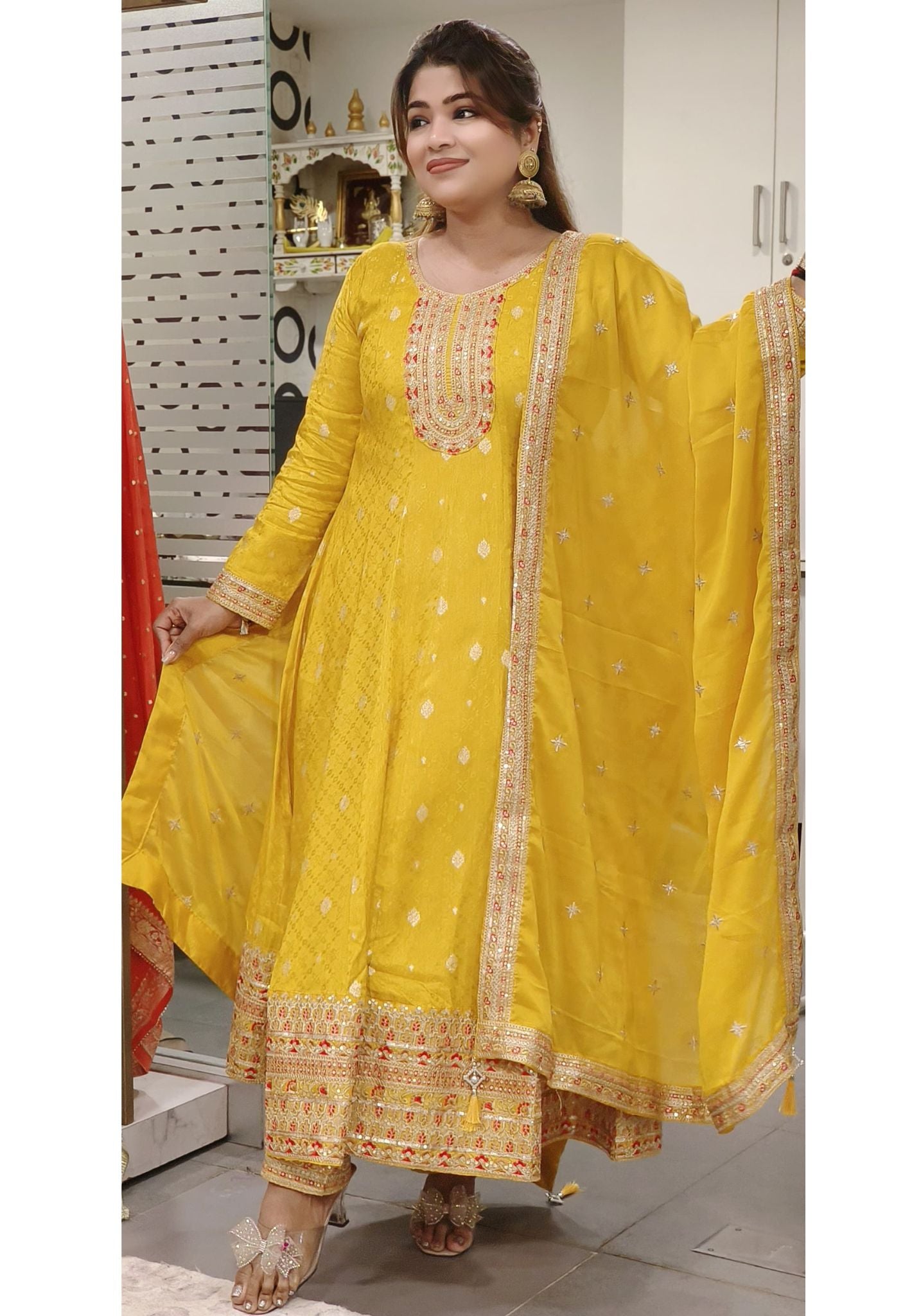 Beautiful Silk Neck Embroidery Party Wear Anarkali Full Set-07988