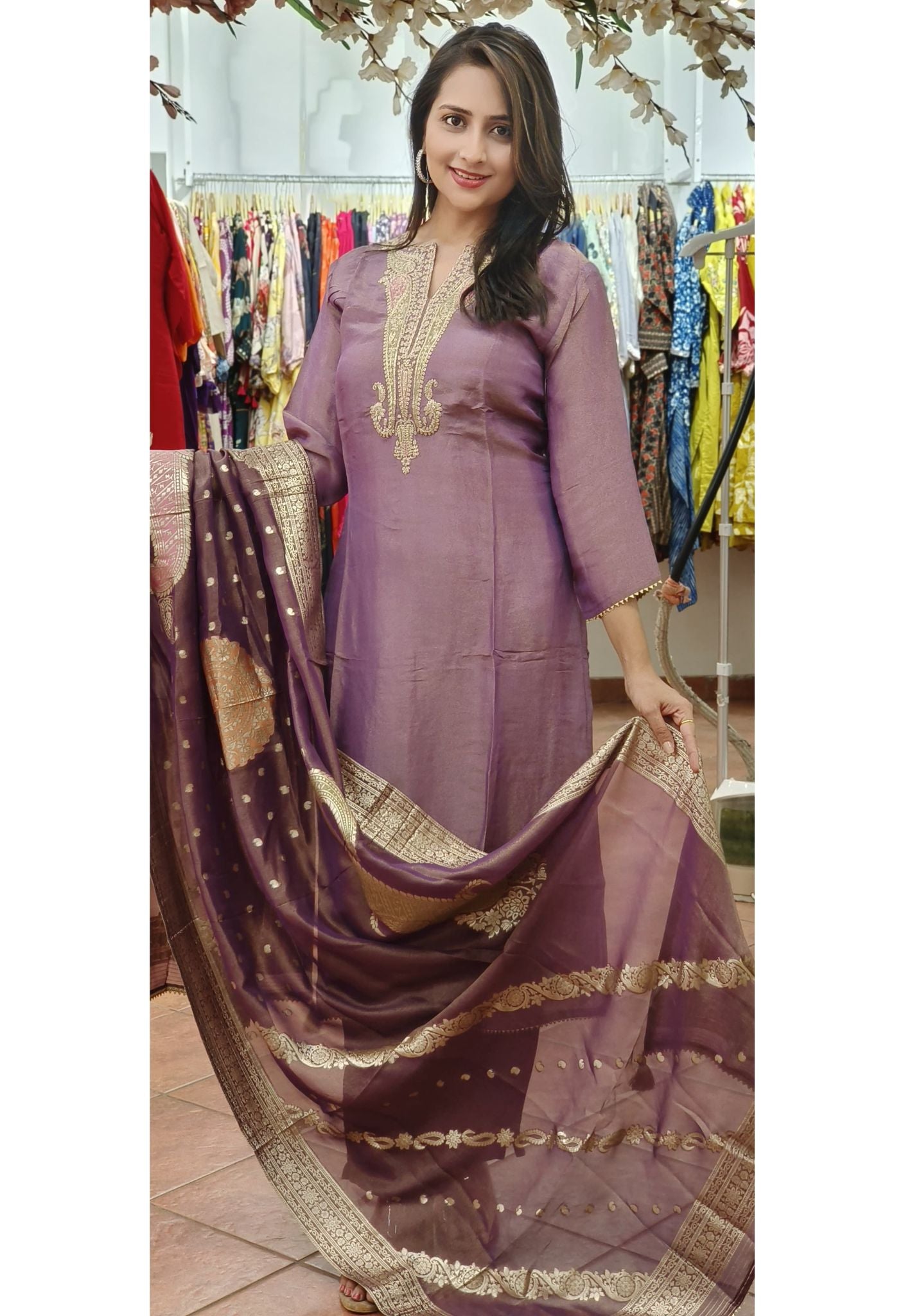 Tissue Silk Neck Zardosi Work Full Set DRYWASHONLY-06663
