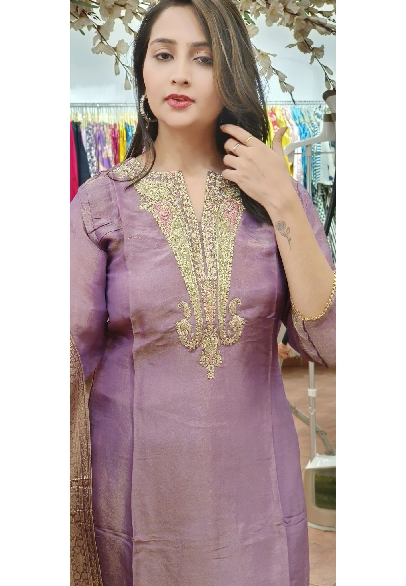 Tissue Silk Neck Zardosi Work Full Set DRYWASHONLY-06663