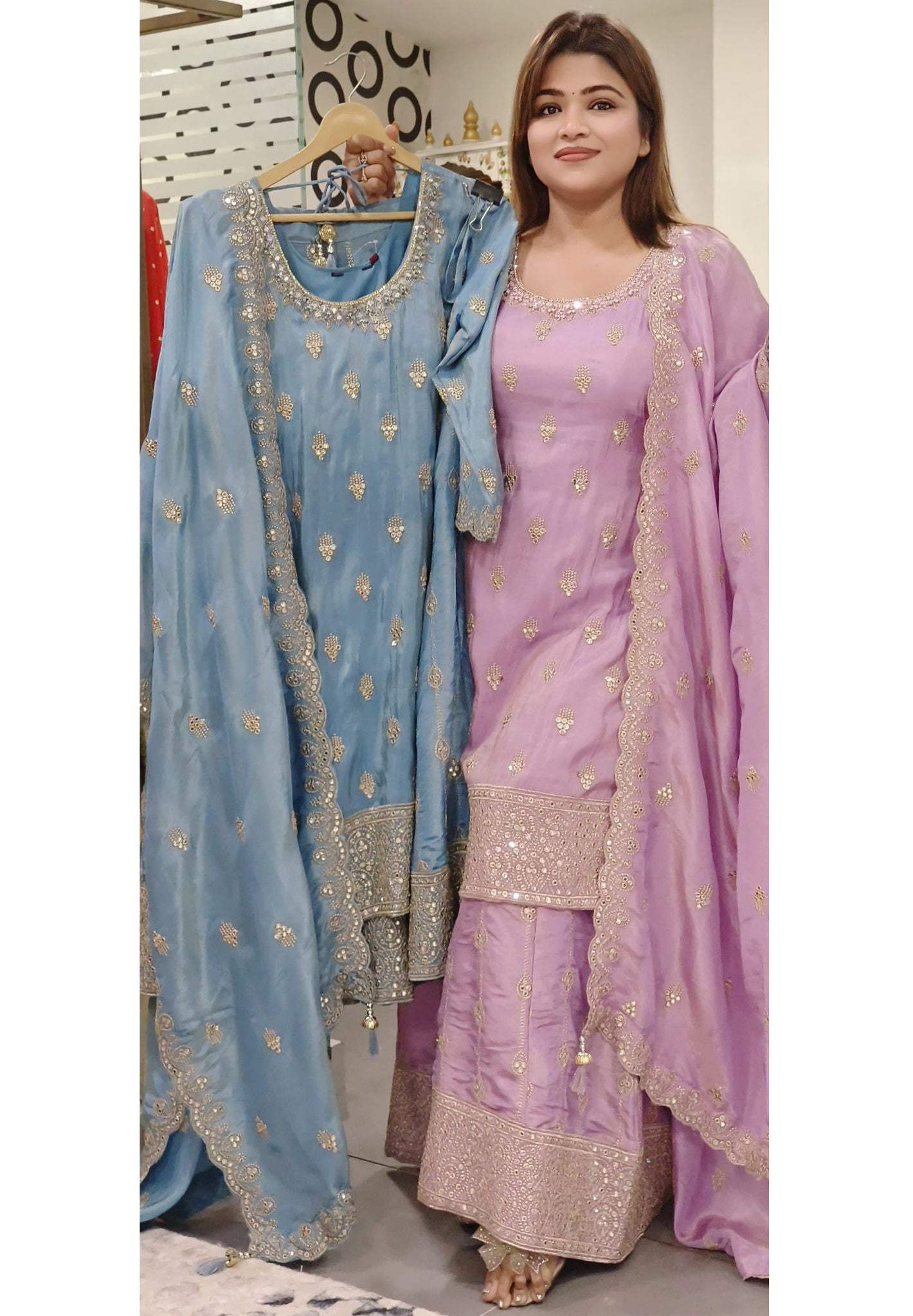 Heavy Party wear Shimmer Tissue Kurta, Palazzo with full mirror word embroidery  & Dupatta.  DRYWASH-07996-97