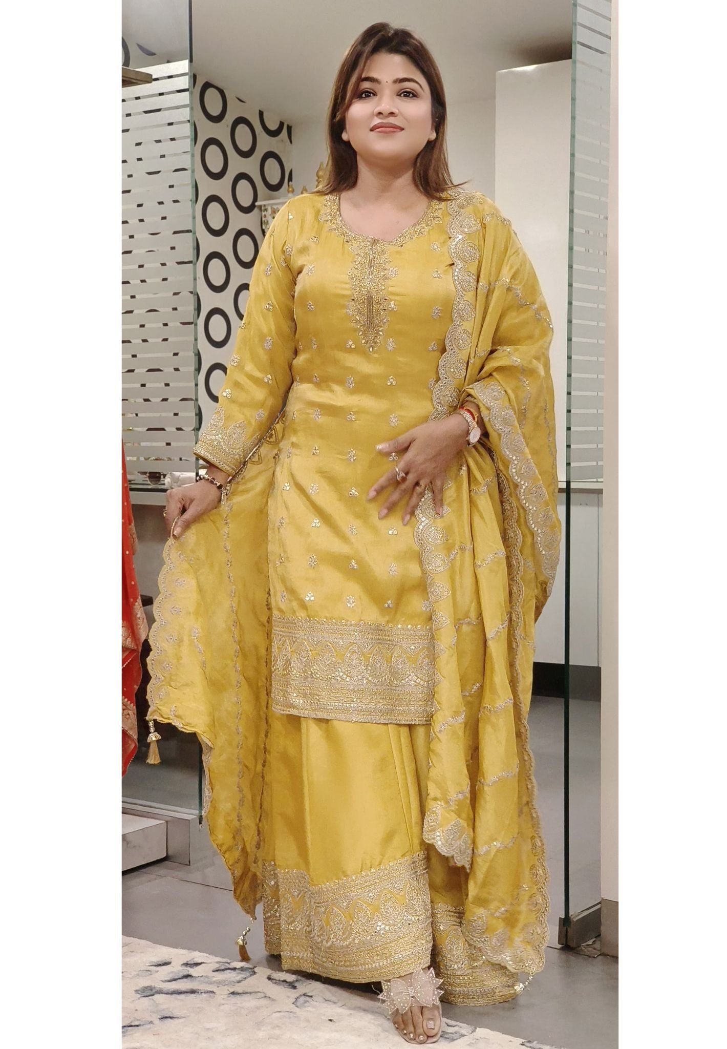 Heavy Party wear Shimmer Tissue Kurta with Gota Patti embroidered Kurta, palazzo with Scallop Dupatta. Drywash