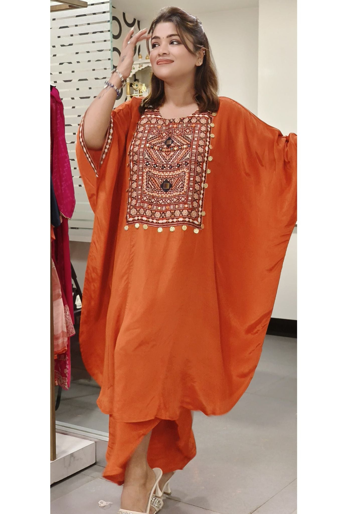 Beautiful Neck Embroidery Kaftan With High And Low Palazzo-07355