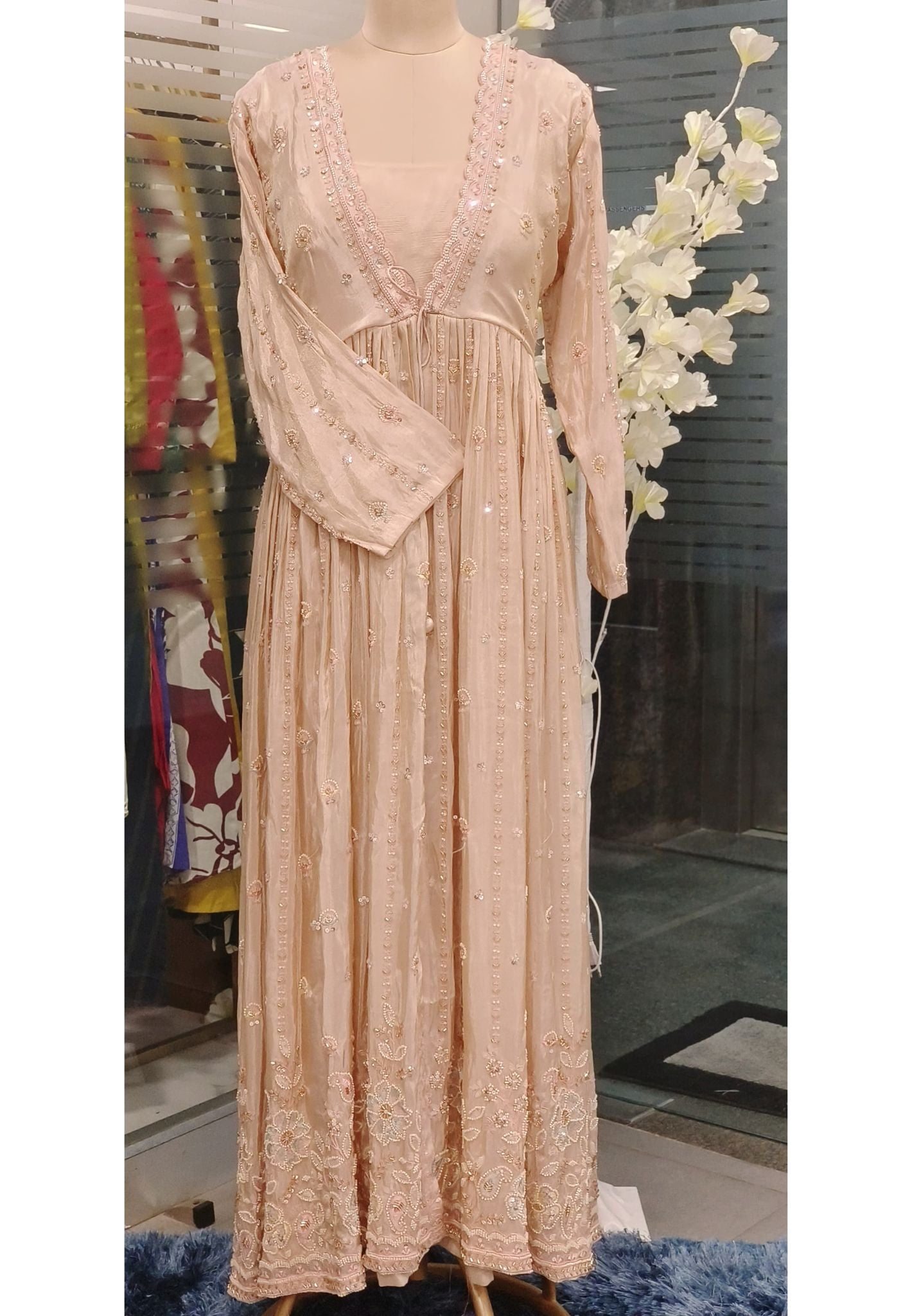 Beautiful Tissue Heavy Work Party Wear Gown With Shrugh-08012