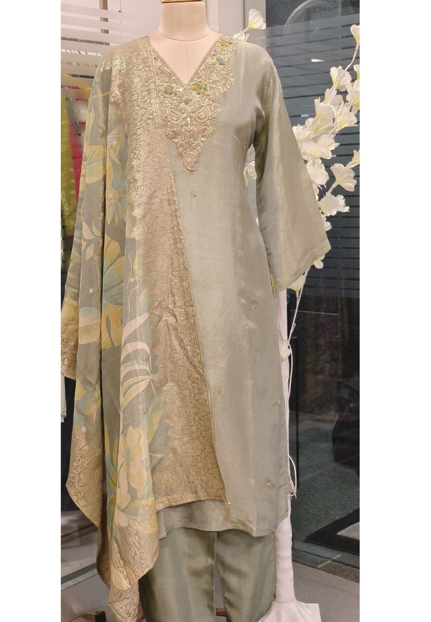 Tissue Silk V-Neck Zardosi Embroidery Full Set-07979