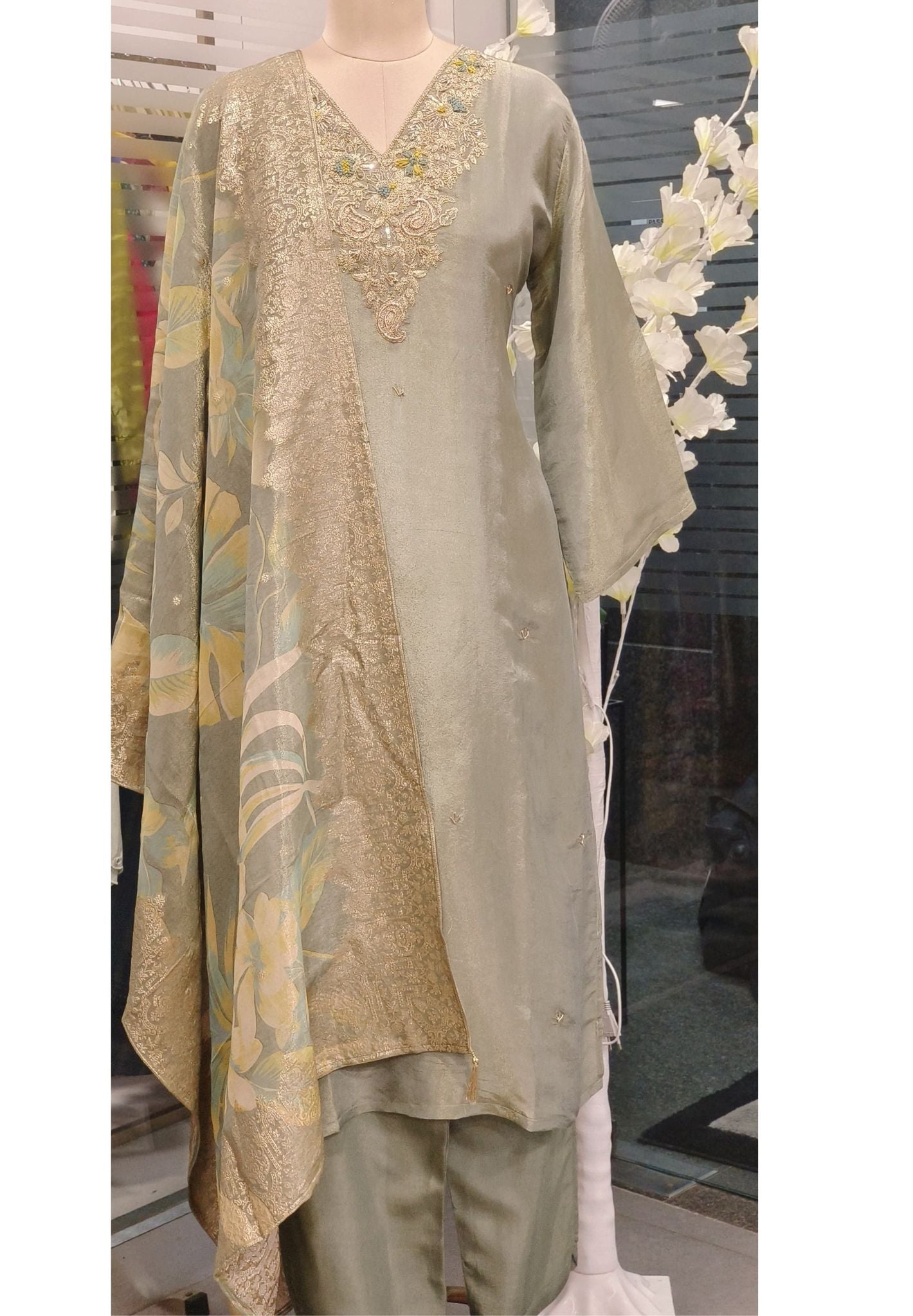 Tissue Silk V-Neck Zardosi Embroidery Full Set-07979
