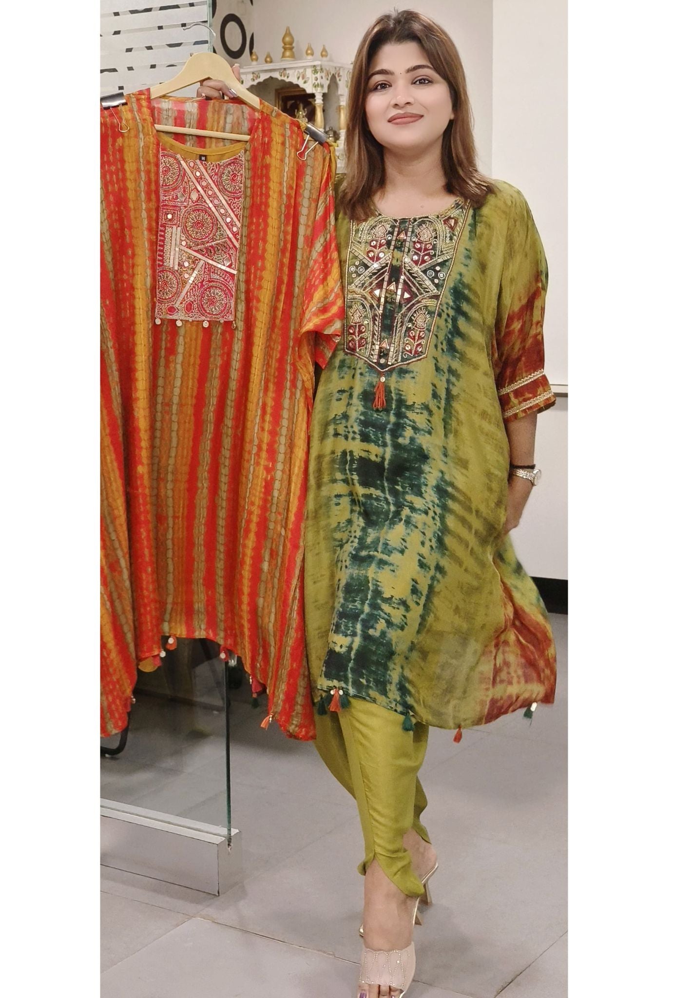 Neck Embroidered Printed Kaftan with Tulip Pant-08079-08073