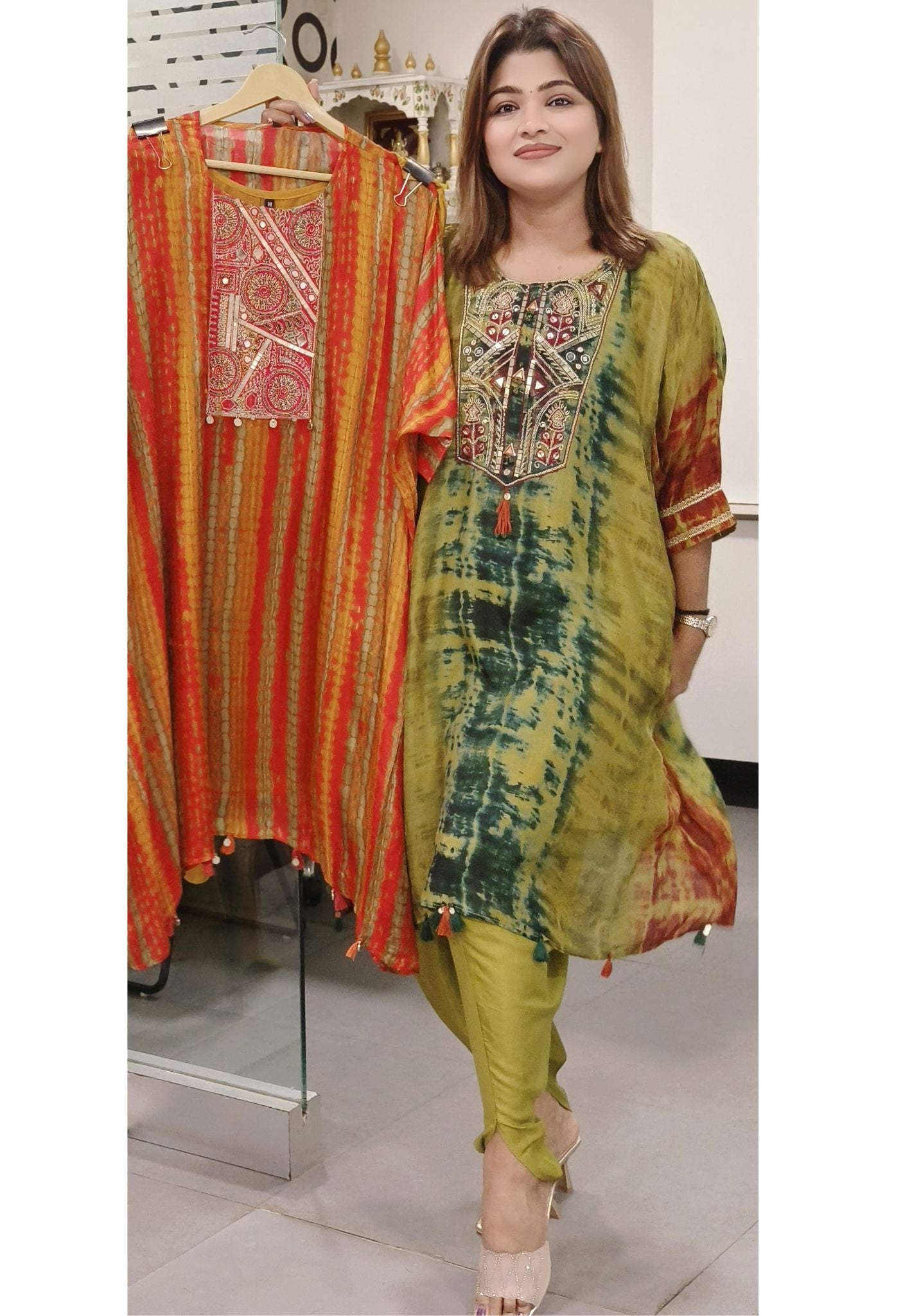 Neck Embroidered Printed Kaftan with Tulip Pant-08079-08073