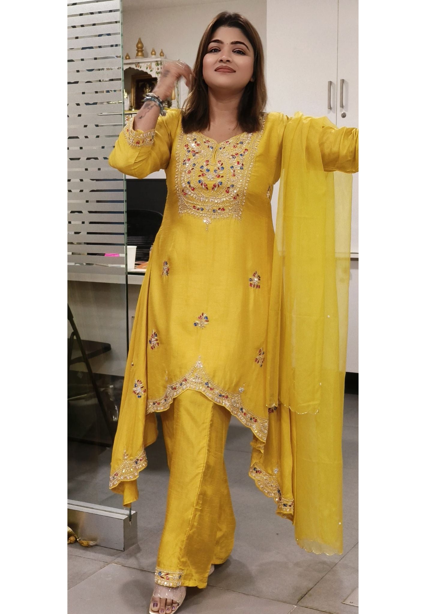 Beautiful Zardozi And pearl Embroidered High And Low Kurta And Pant With Dupatta-08076