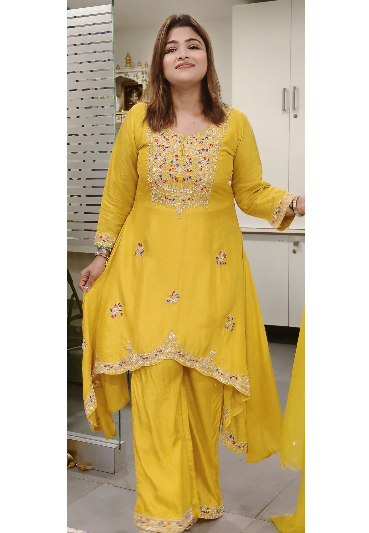 Beautiful Zardozi And pearl Embroidered High And Low Kurta And Pant With Dupatta-08076