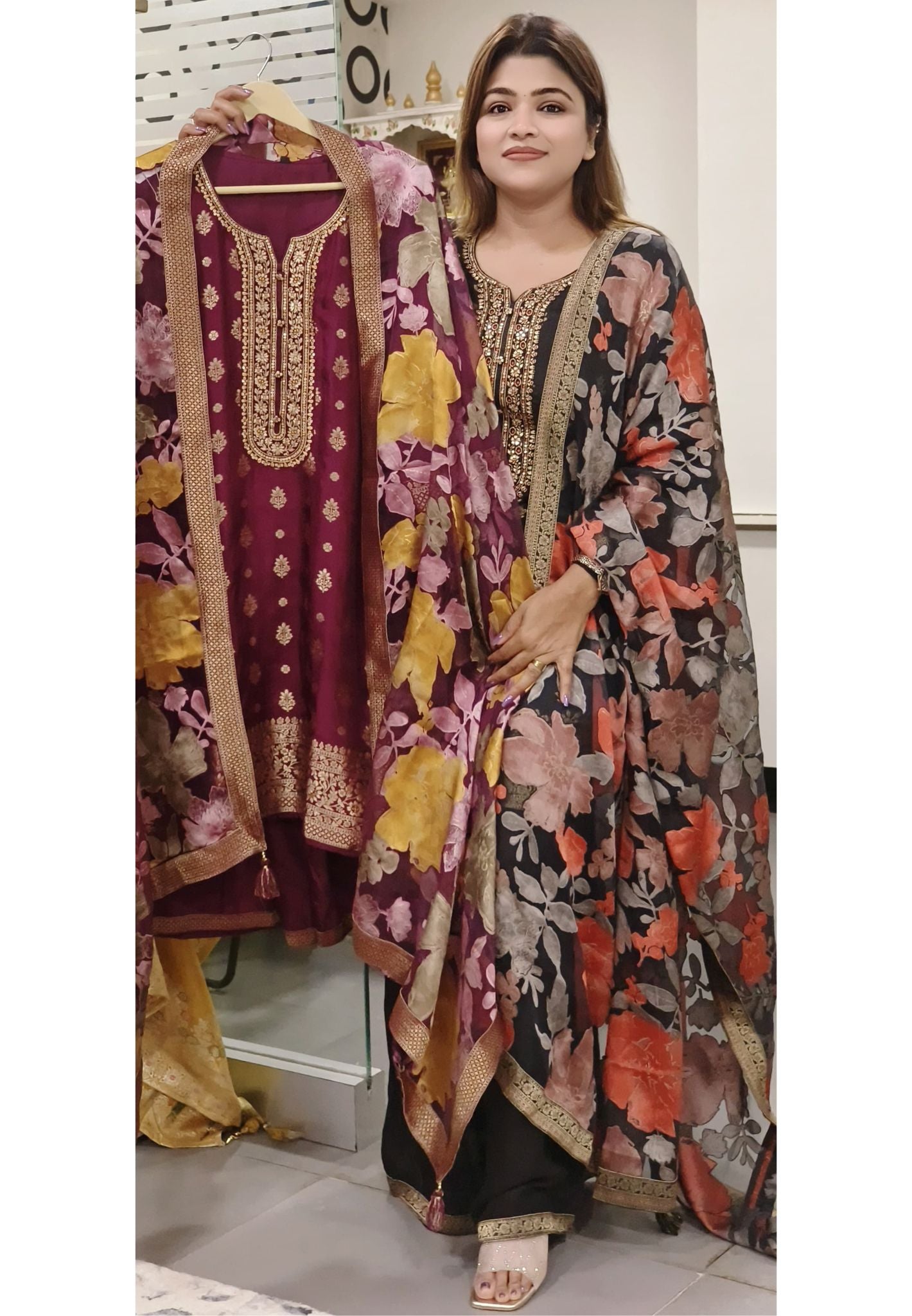 Beautiful Neck Embroidery Banarasi Kurta And Palazzo With Floral Printed Dupatta-08067-08043